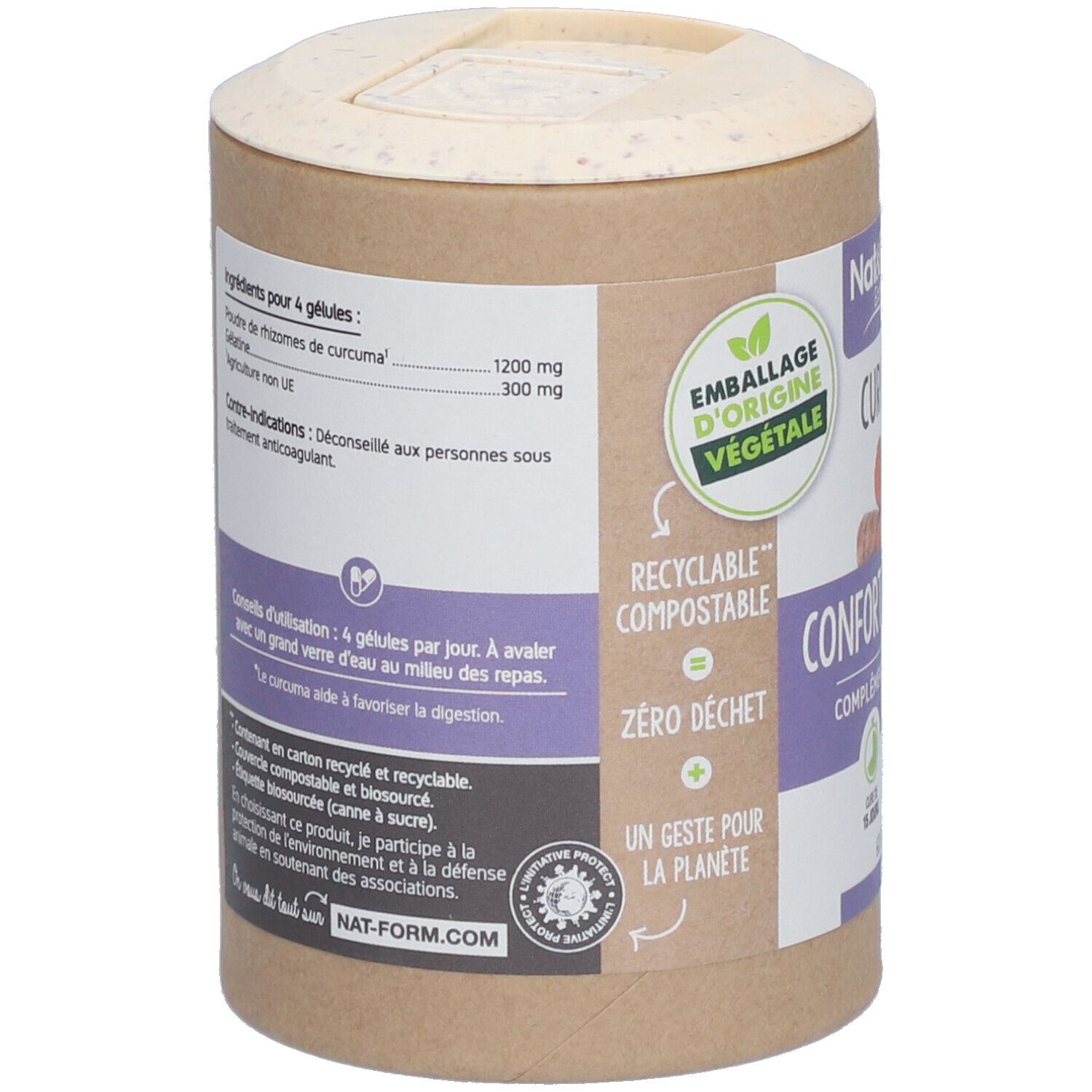 Dos de la boîte "Nat&Form Curcuma Bio en gélules". Contient des informations sur les ingrédients et l'utilisation. Emballage d'origine végétale.