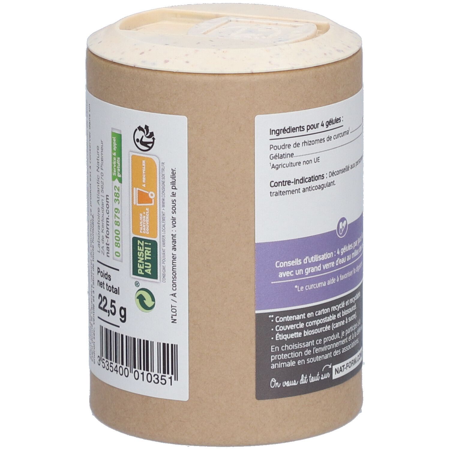 Dos de la boîte "Nat&Form Curcuma Bio en gélules". Contient des informations sur les ingrédients et l'utilisation. Poids net total 22,5 g.