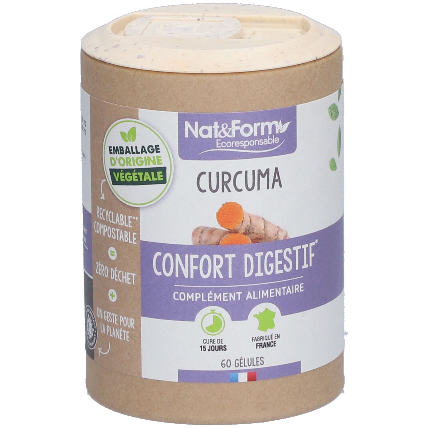 Boîte cylindrique "Nat&Form Curcuma Bio en gélules". Inscription "Confort Digestif". 60 gélules. Emballage d'origine végétale.