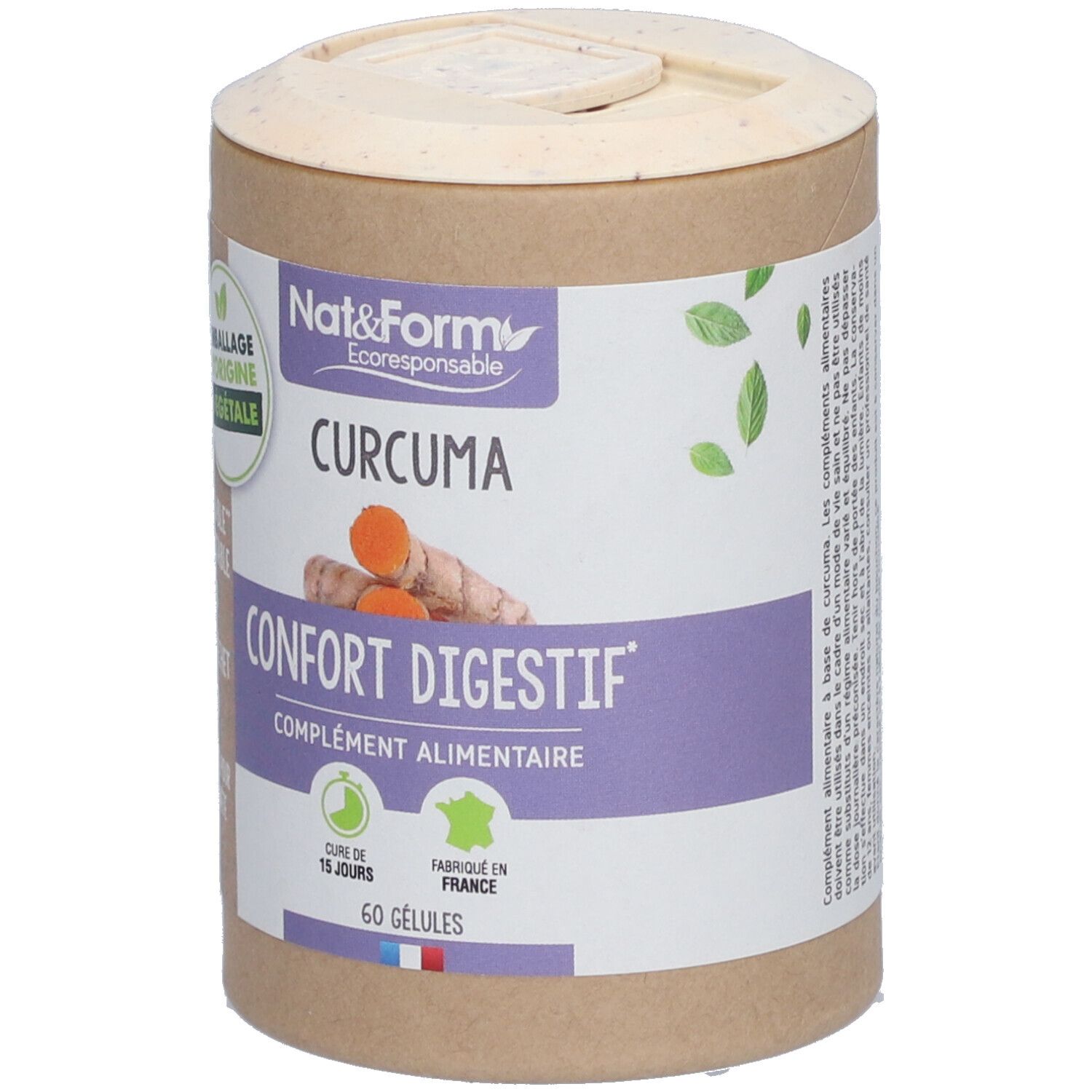 Boîte cylindrique "Nat&Form Curcuma Bio en gélules". Inscription "Confort Digestif". 60 gélules. Emballage d'origine végétale.