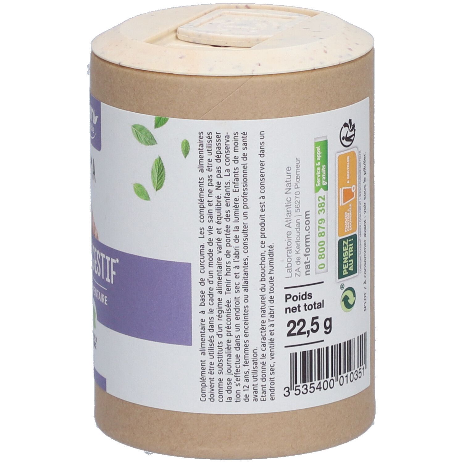 Dos de la boîte "Nat&Form Curcuma Bio en gélules". Contient des informations sur les ingrédients et l'utilisation. Poids net total 22,5 g.