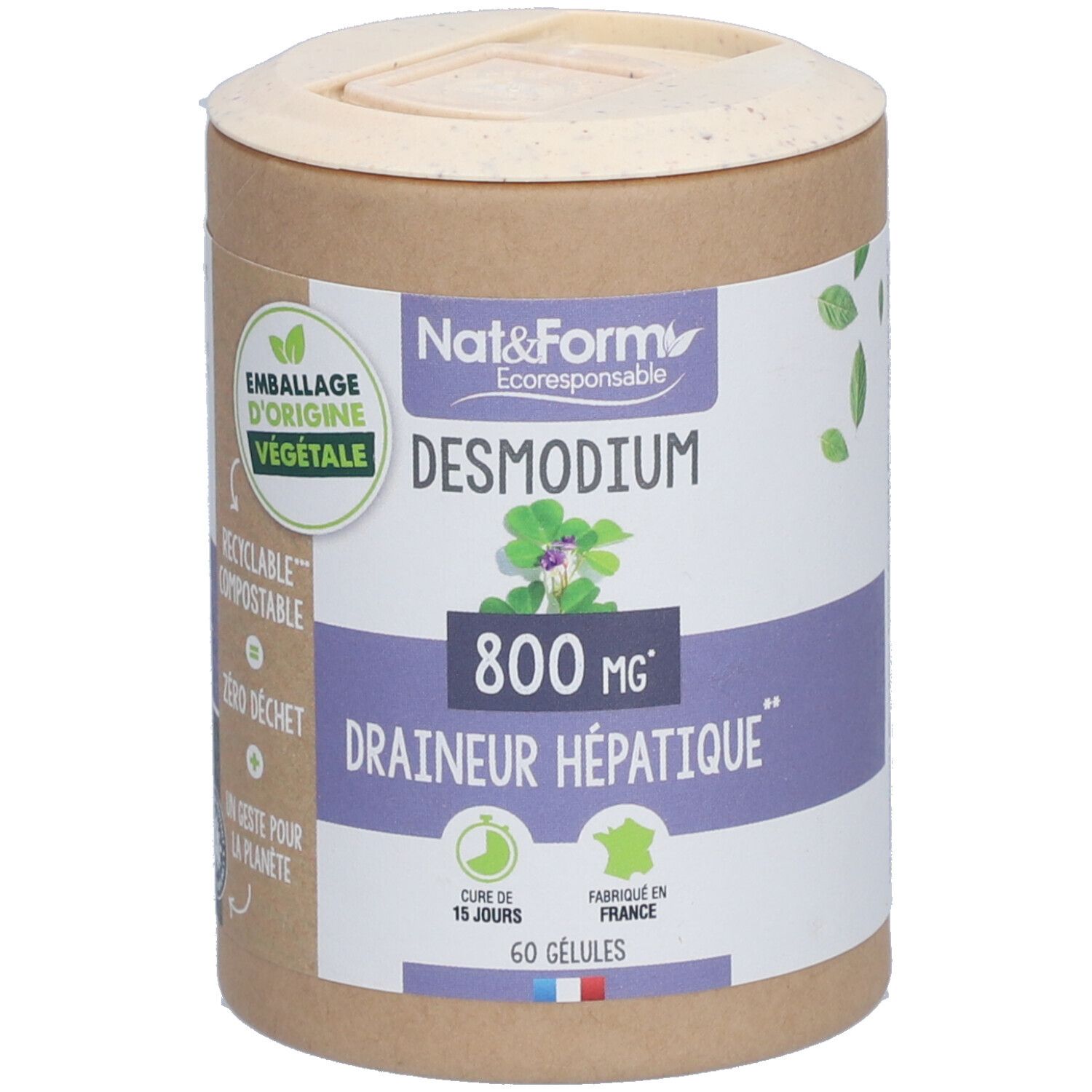 Boîte cylindrique "Nat&Form Desmodium", 800 mg, 60 gélules. "Draineur hépatique". Emballage d'origine végétale, recyclable.