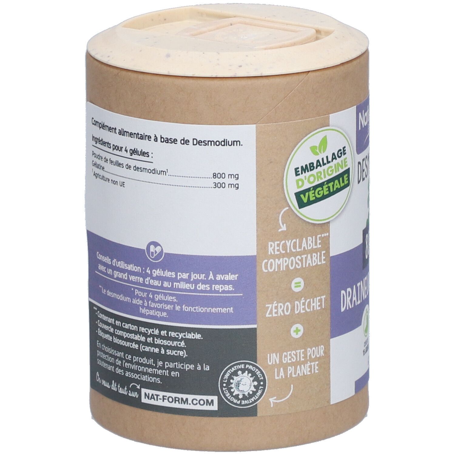 Dos de la boîte "Nat&Form Desmodium". Liste des ingrédients, conseils d'utilisation. Emballage végétal, recyclable.