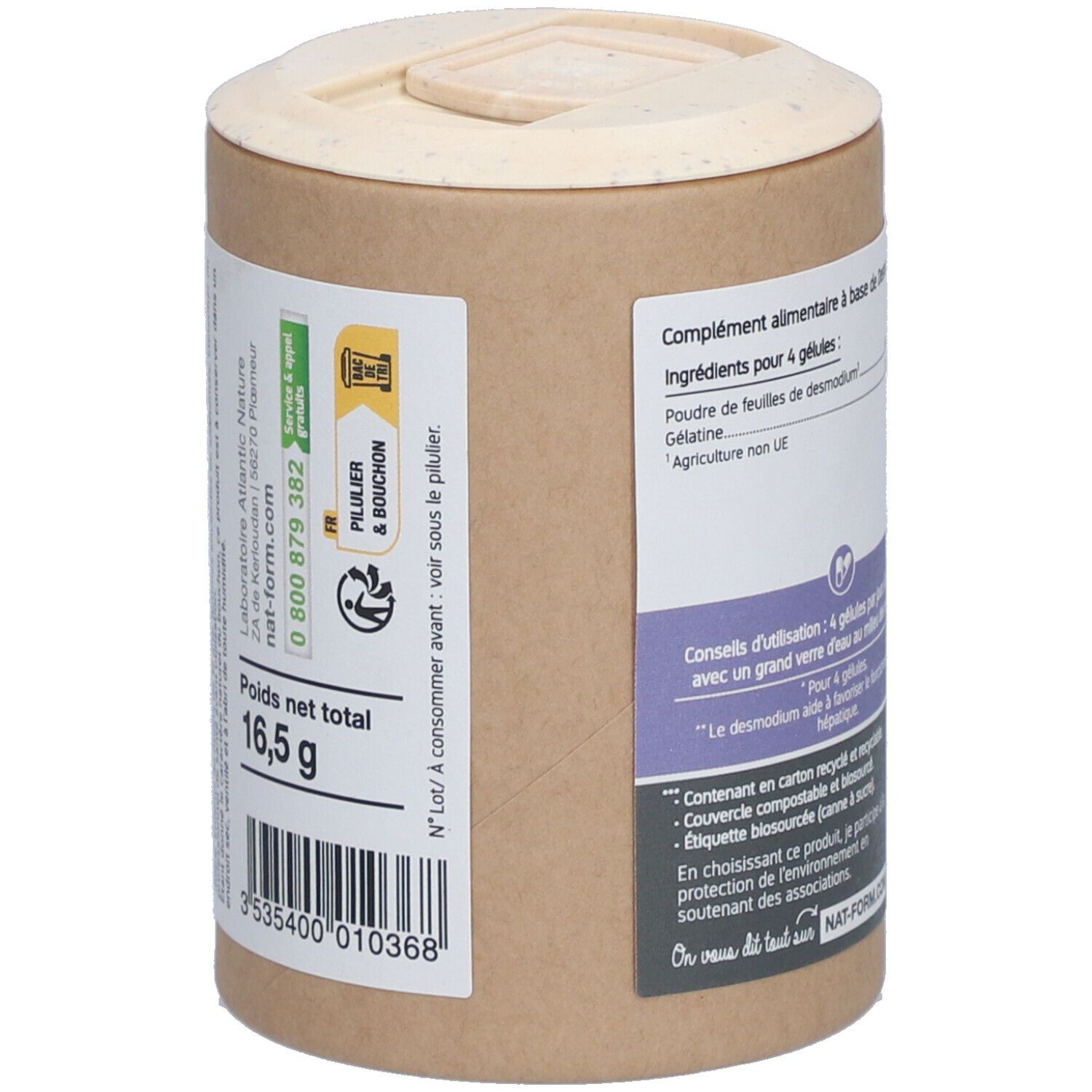 Boîte "Nat&Form Desmodium". Poids net 16,5 g. Informations fabricant. Emballage végétal, recyclable.
