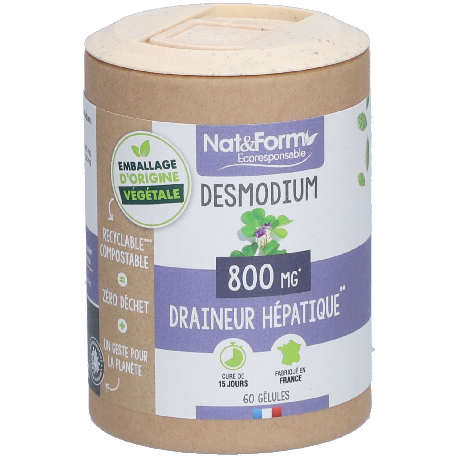 Boîte cylindrique "Nat&Form Desmodium", 800 mg, 60 gélules. "Draineur hépatique". Emballage végétal, recyclable.