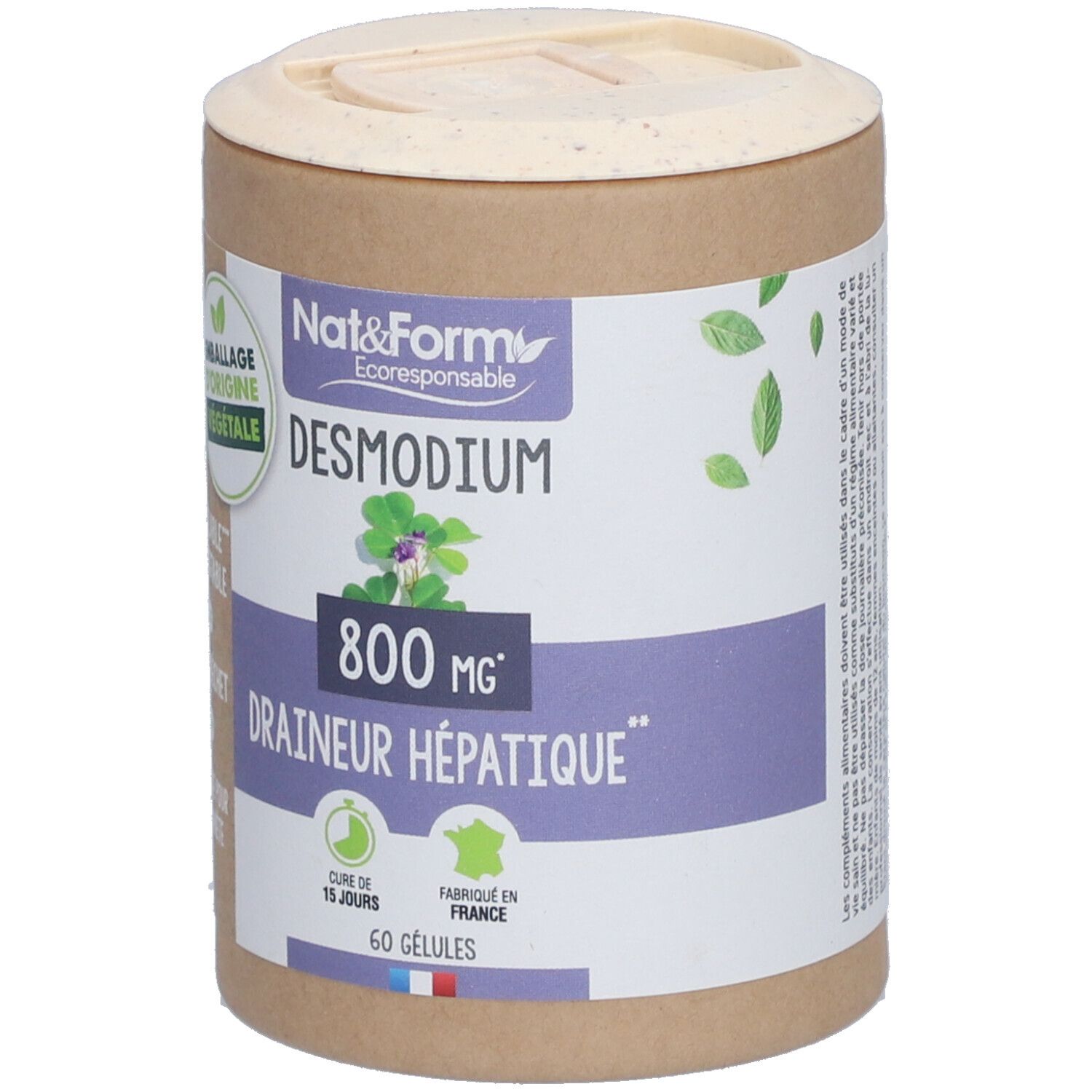 Boîte cylindrique "Nat&Form Desmodium", 800 mg, 60 gélules. "Draineur hépatique". Emballage végétal, recyclable.