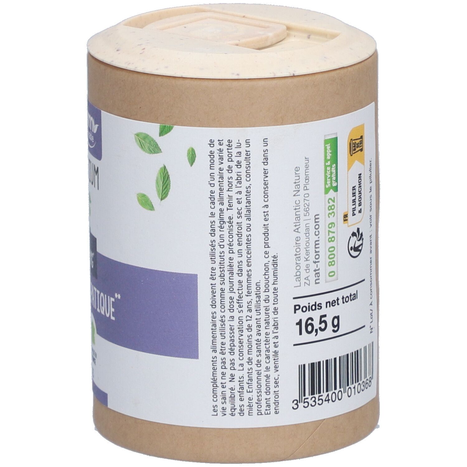 Dos de la boîte "Nat&Form Desmodium". Conseils d'utilisation, poids net 16,5 g. Emballage végétal.
