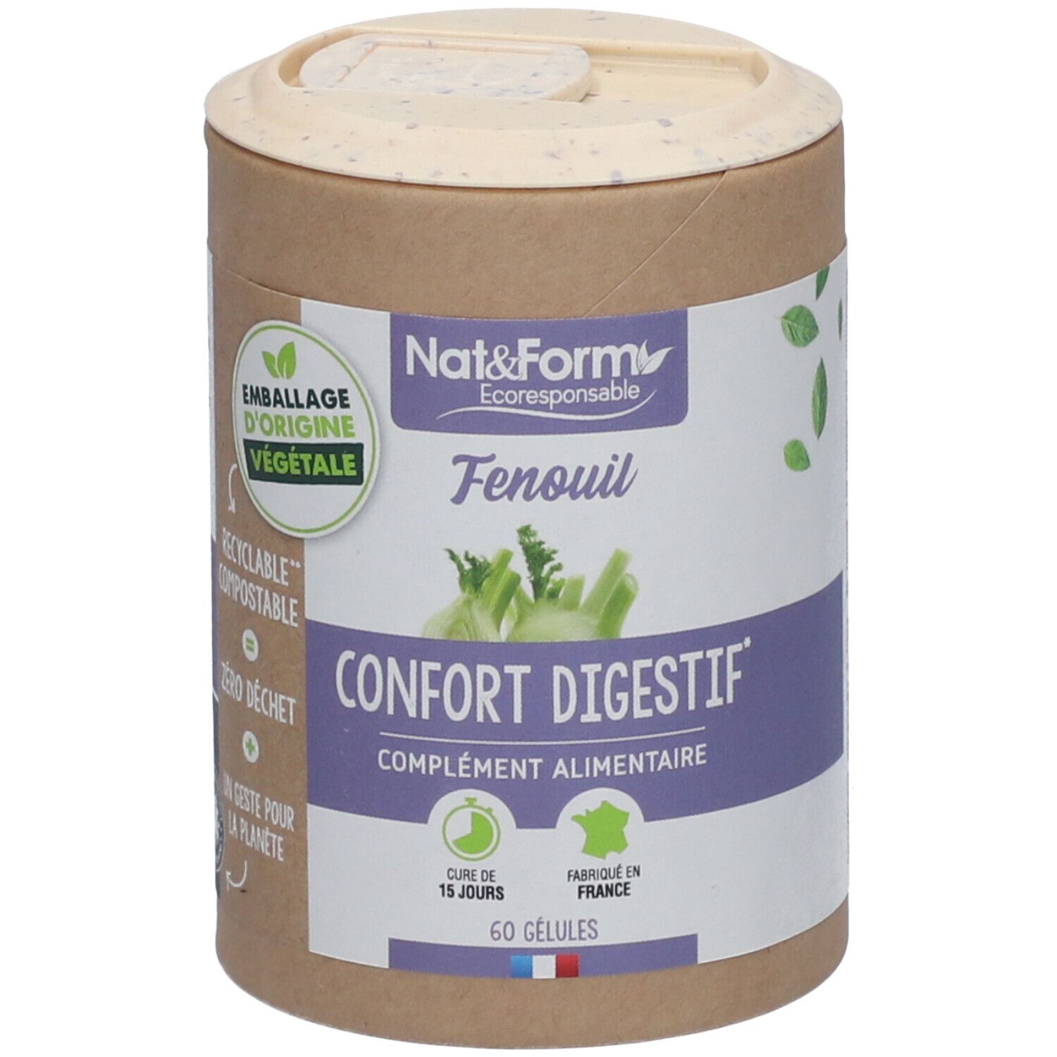 Boîte cylindrique avec couvercle. Inscription: Nat&Form, Fenouil, Confort Digestif, 60 gélules. Emballage d'origine végétale.