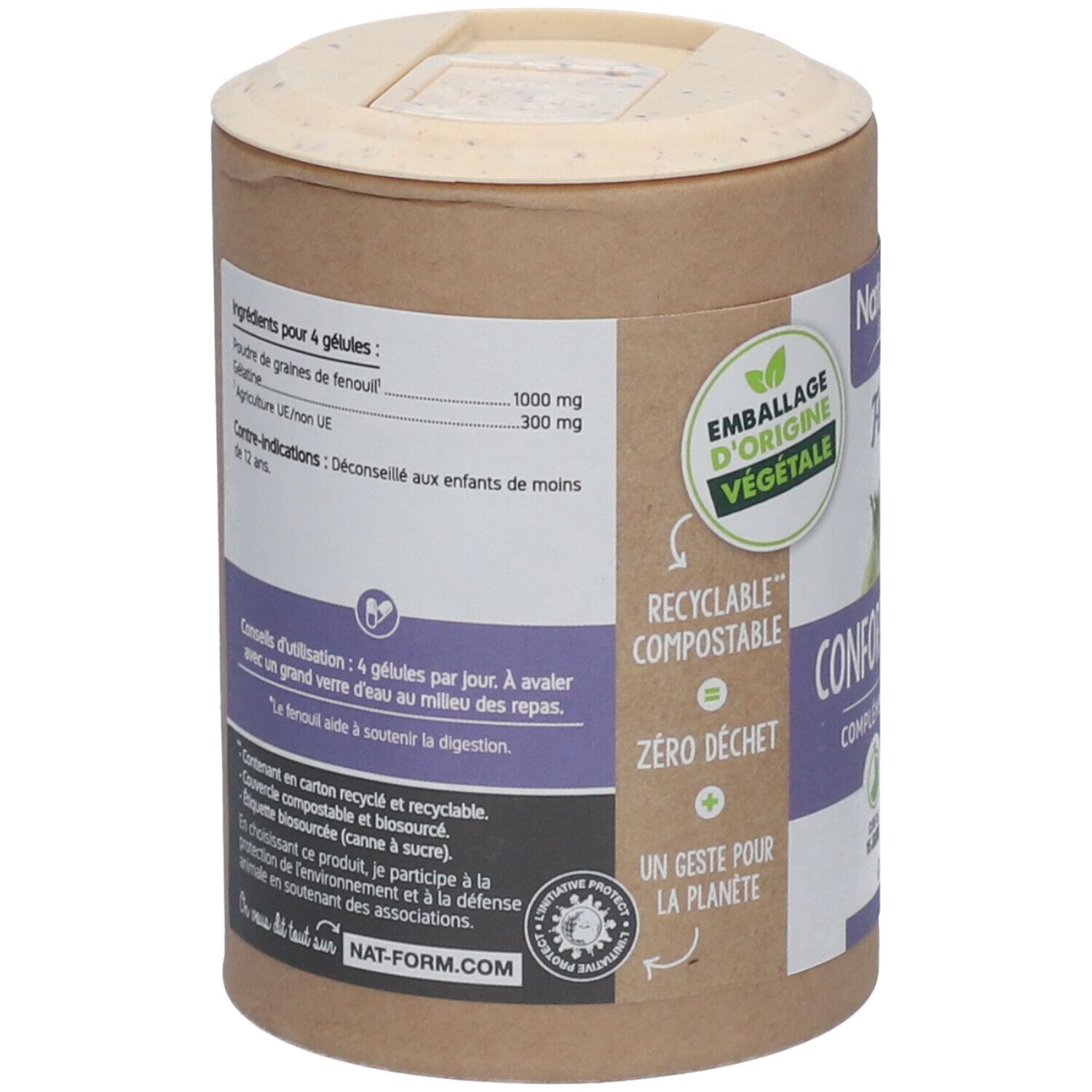 Dos de la boîte. Liste des ingrédients pour 4 gélules. Conseils d'utilisation et avertissements. Emballage en carton recyclable.