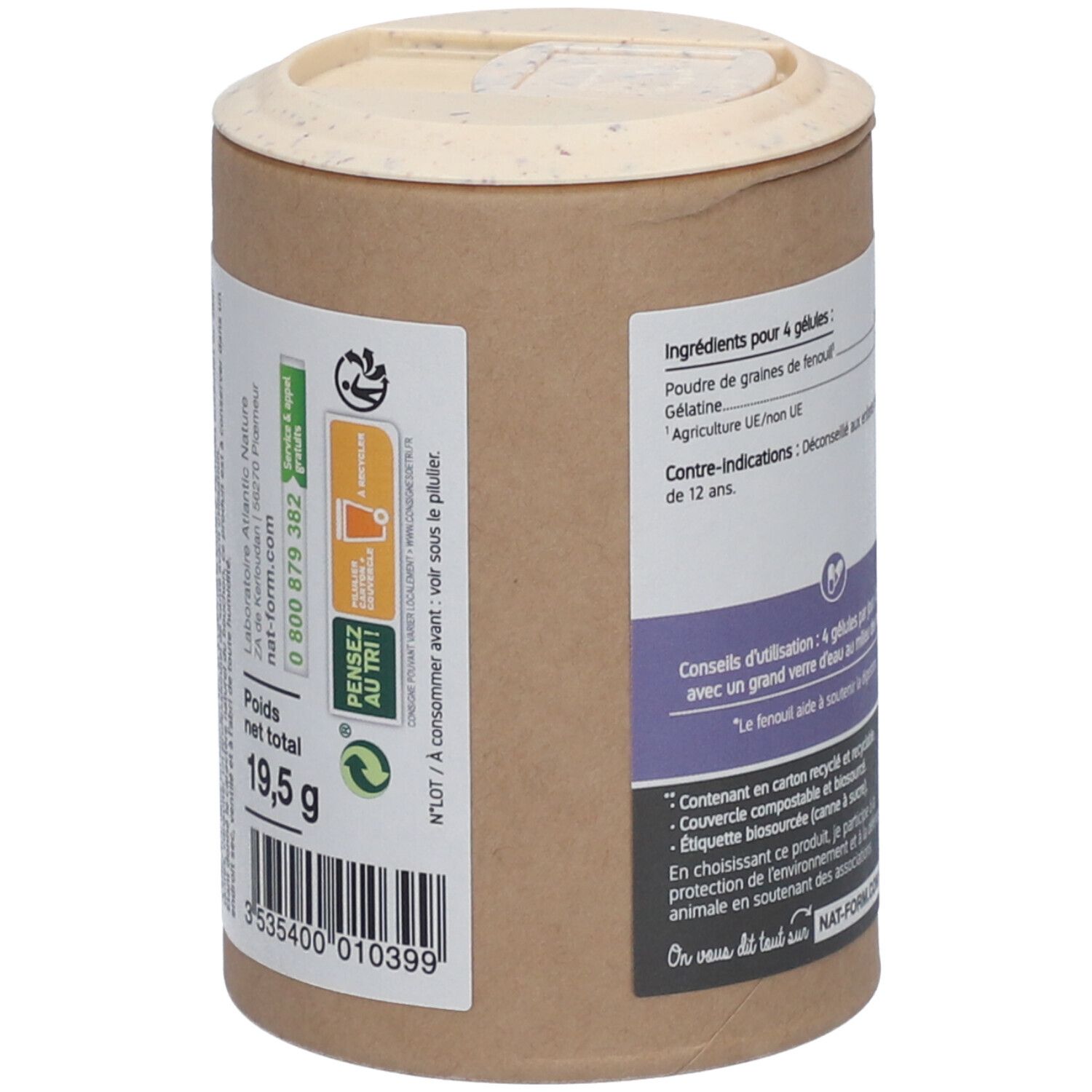 Dos de la boîte. Liste des ingrédients, poids 19,5 g. Consignes de tri. Coordonnées du fabricant.
