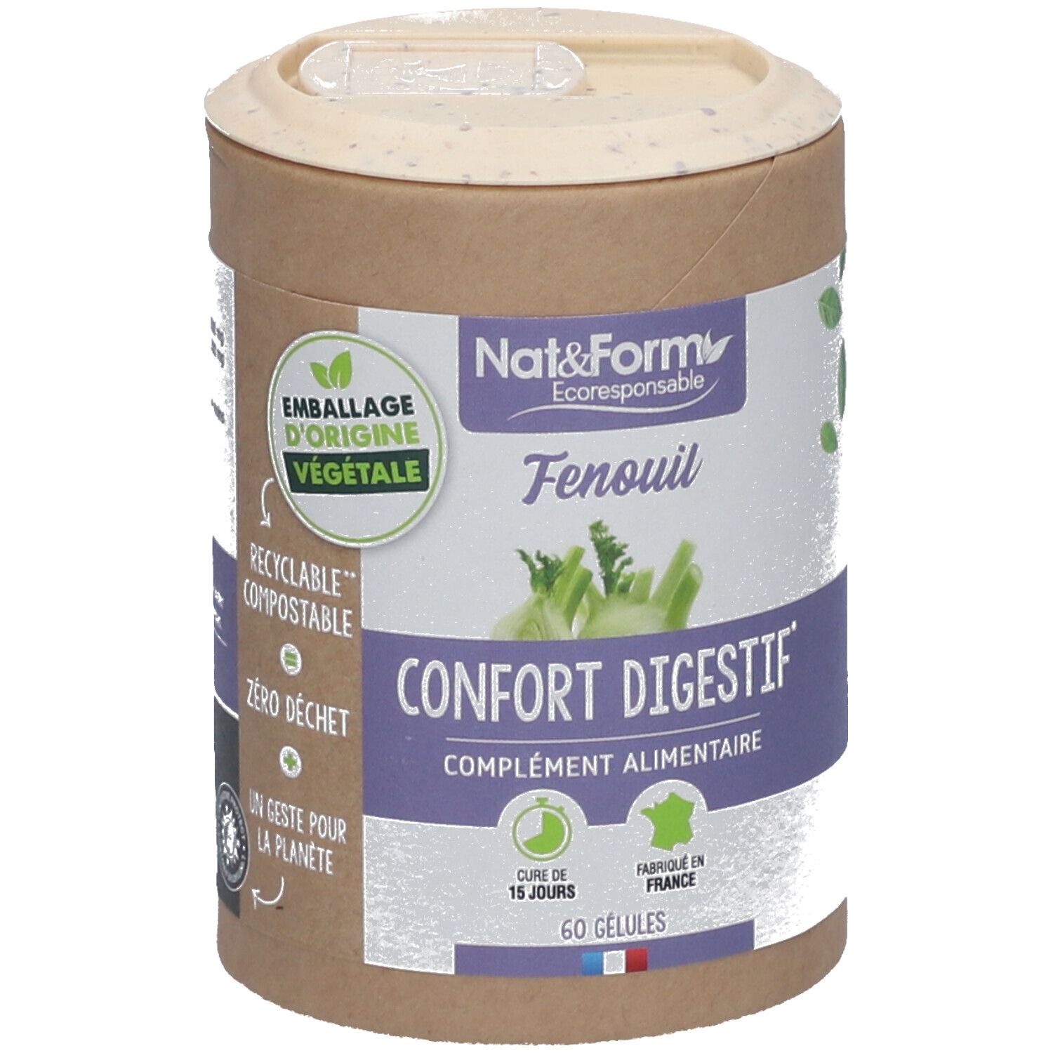 Boîte cylindrique avec couvercle. Inscription: Nat&Form, Fenouil, Confort Digestif, 60 gélules. Emballage d'origine végétale.