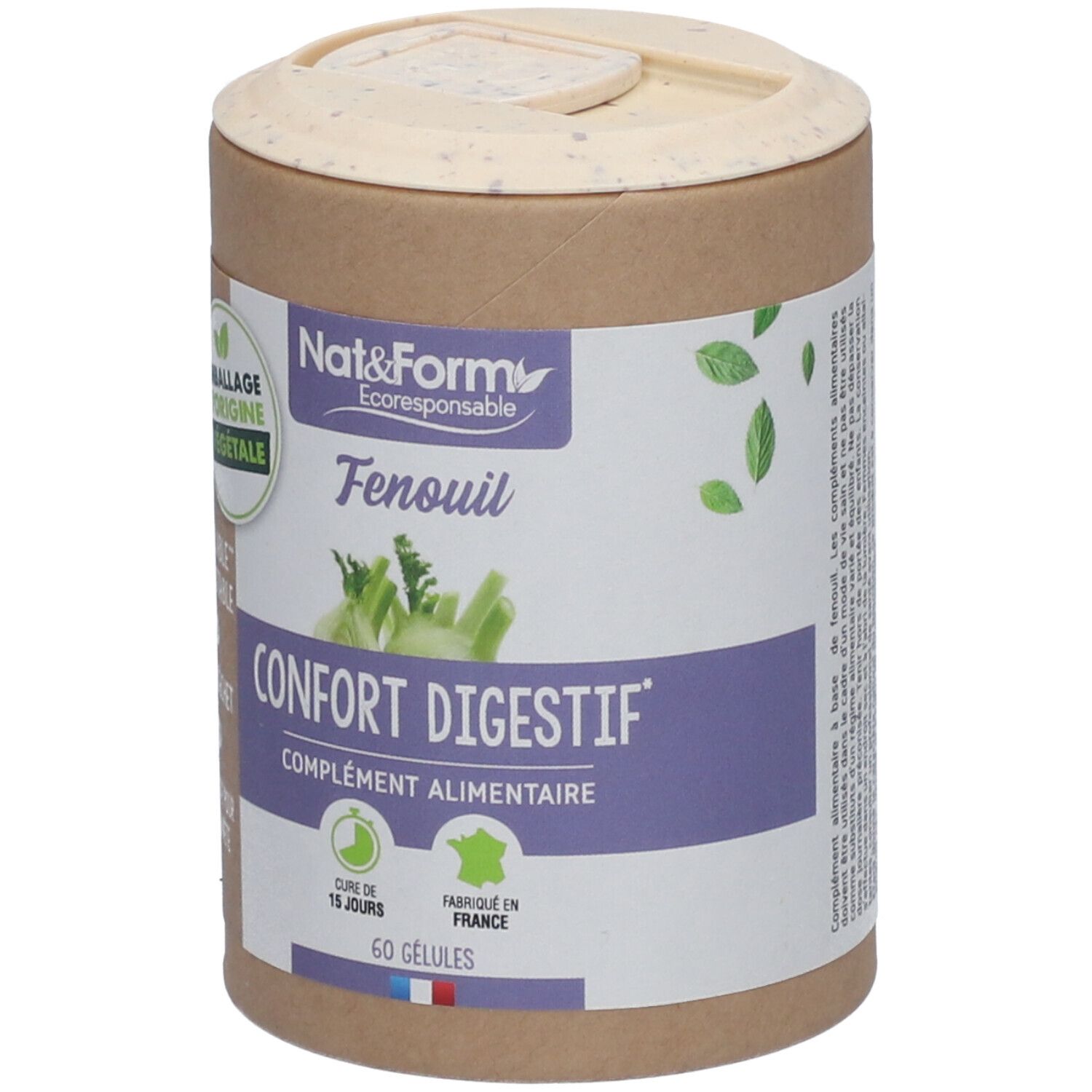Boîte cylindrique avec couvercle. Inscription: Nat&Form, Fenouil, Confort Digestif, 60 gélules. Emballage d'origine végétale.