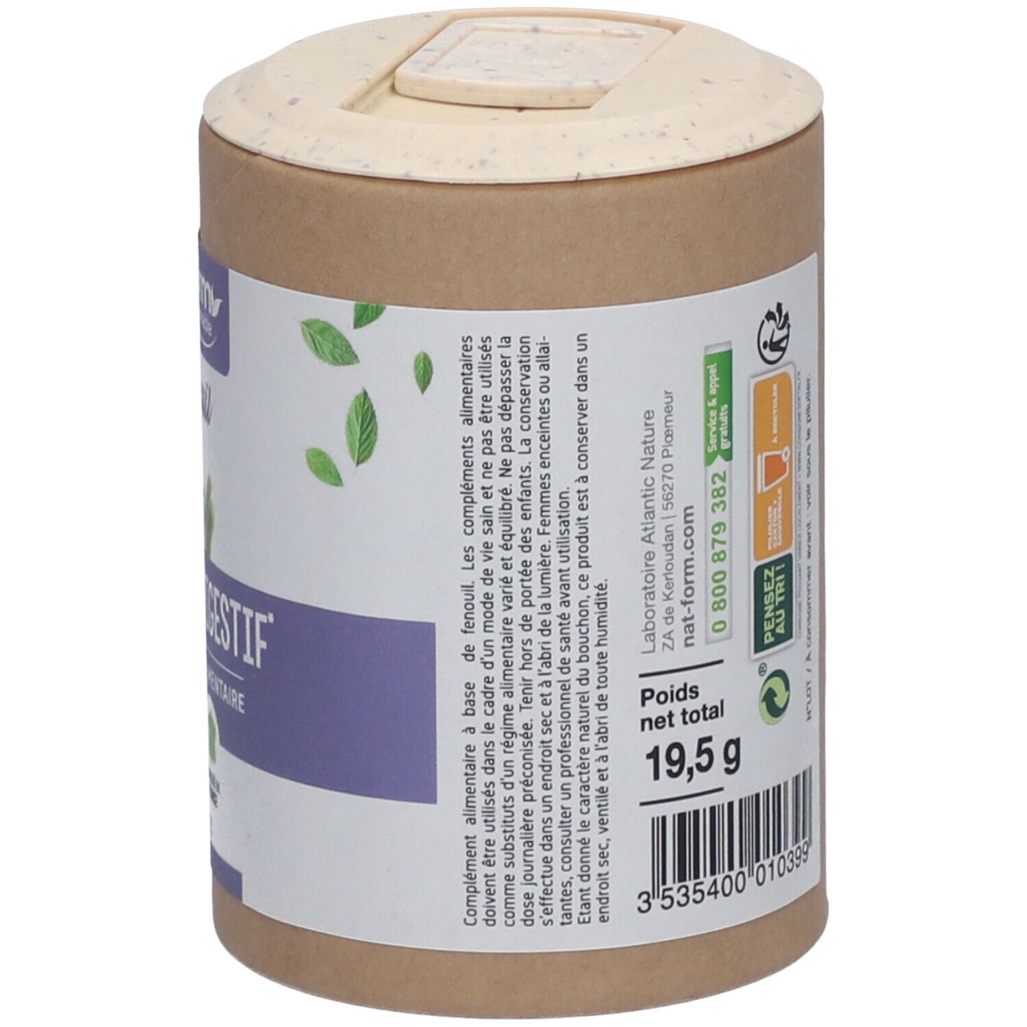 Dos de la boîte. Liste des ingrédients, poids 19,5 g. Consignes de tri. Coordonnées du fabricant.