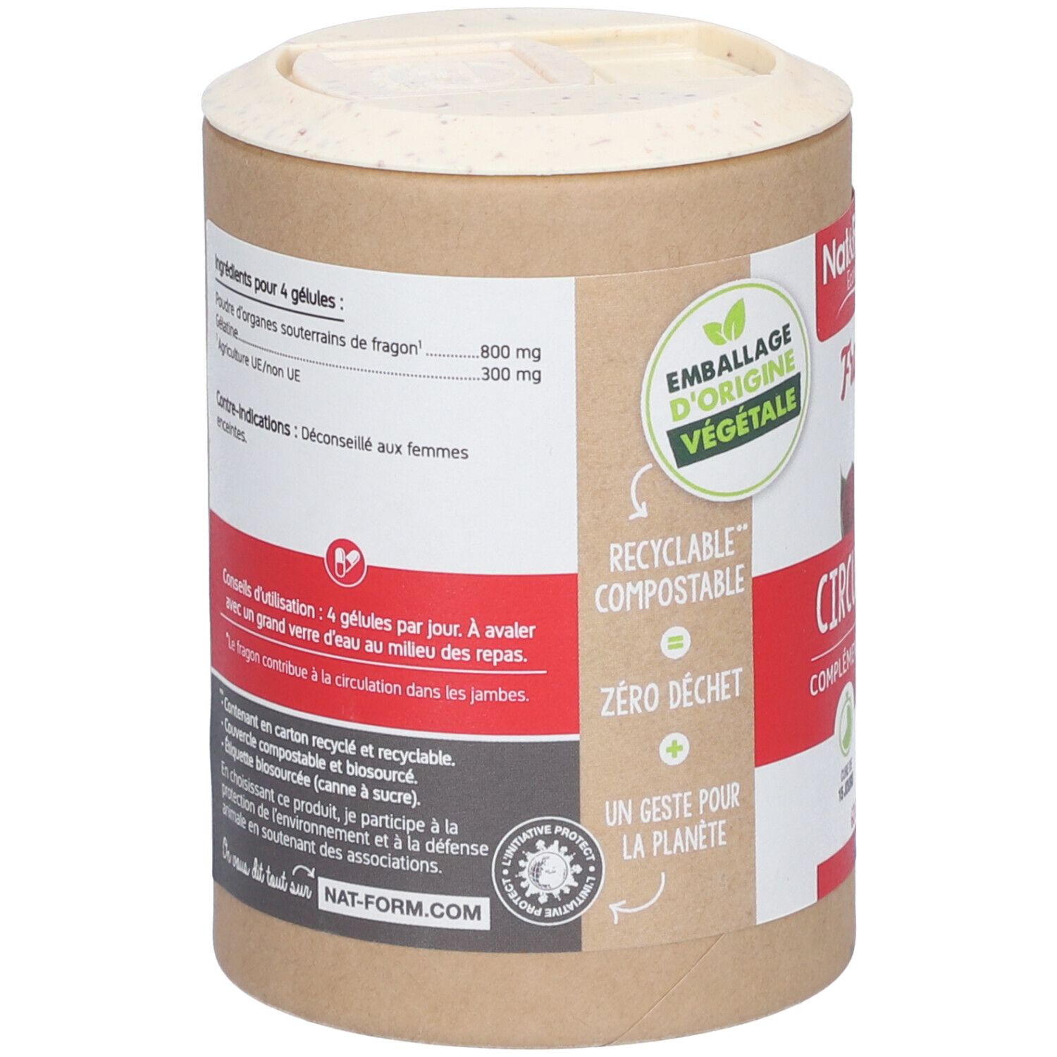 Zylinderförmige Dose mit Inhaltsangaben. Aufschrift: Emballage d'origine végétale, recyclable, compostable.