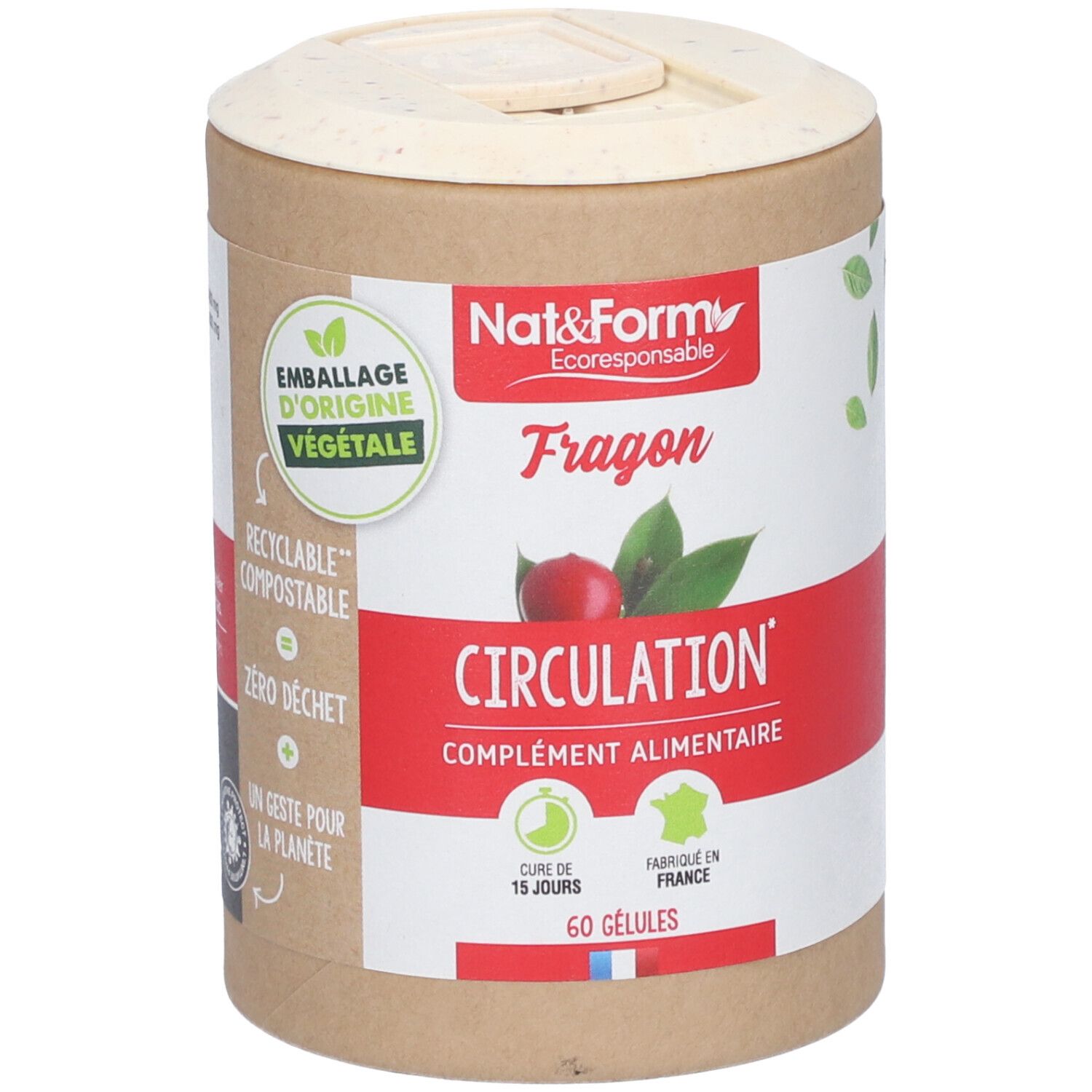 Zylinderförmige Dose mit roter Aufschrift. Enthält 60 Kapseln. Aufschrift: Circulation, complément alimentaire.