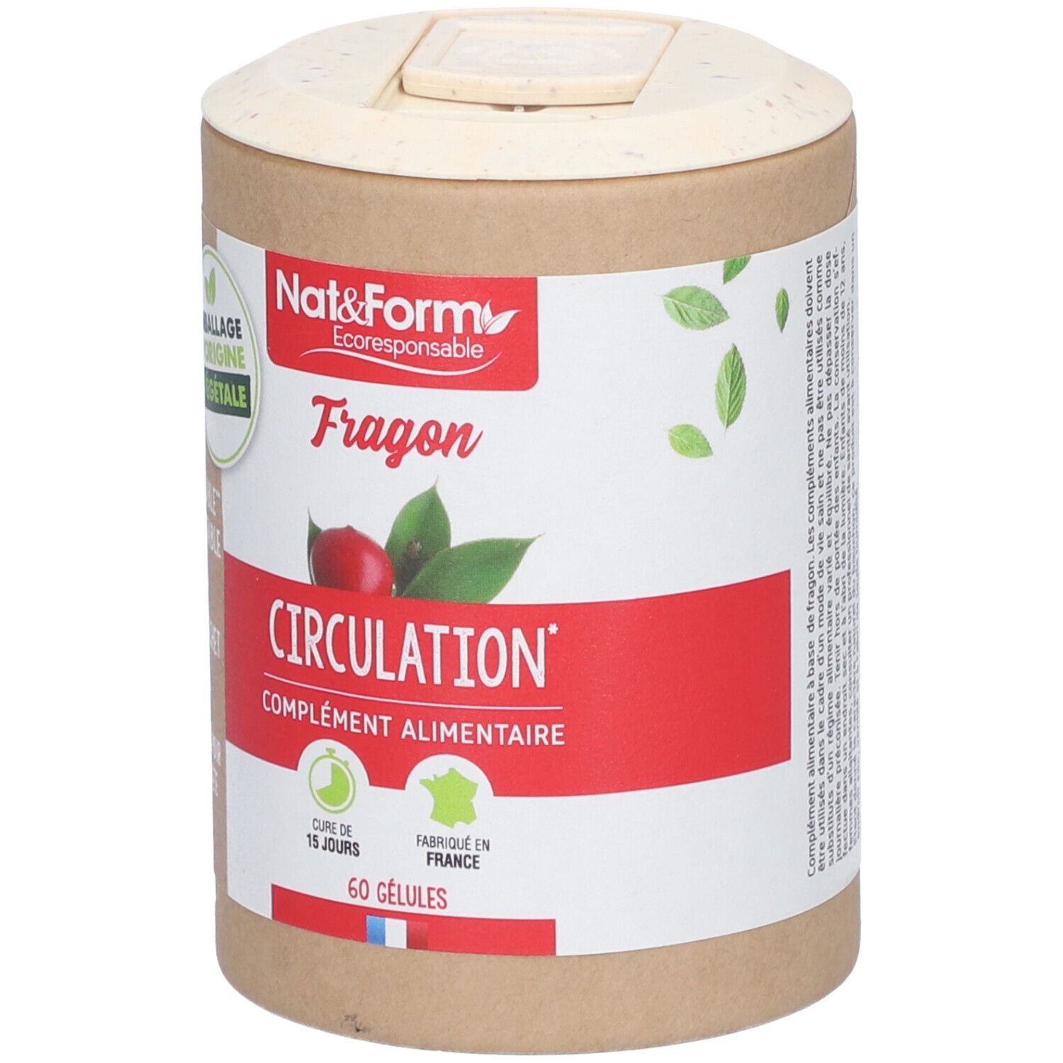 Zylinderförmige Dose mit roter Aufschrift. Enthält 60 Kapseln. Aufschrift: Circulation, complément alimentaire.