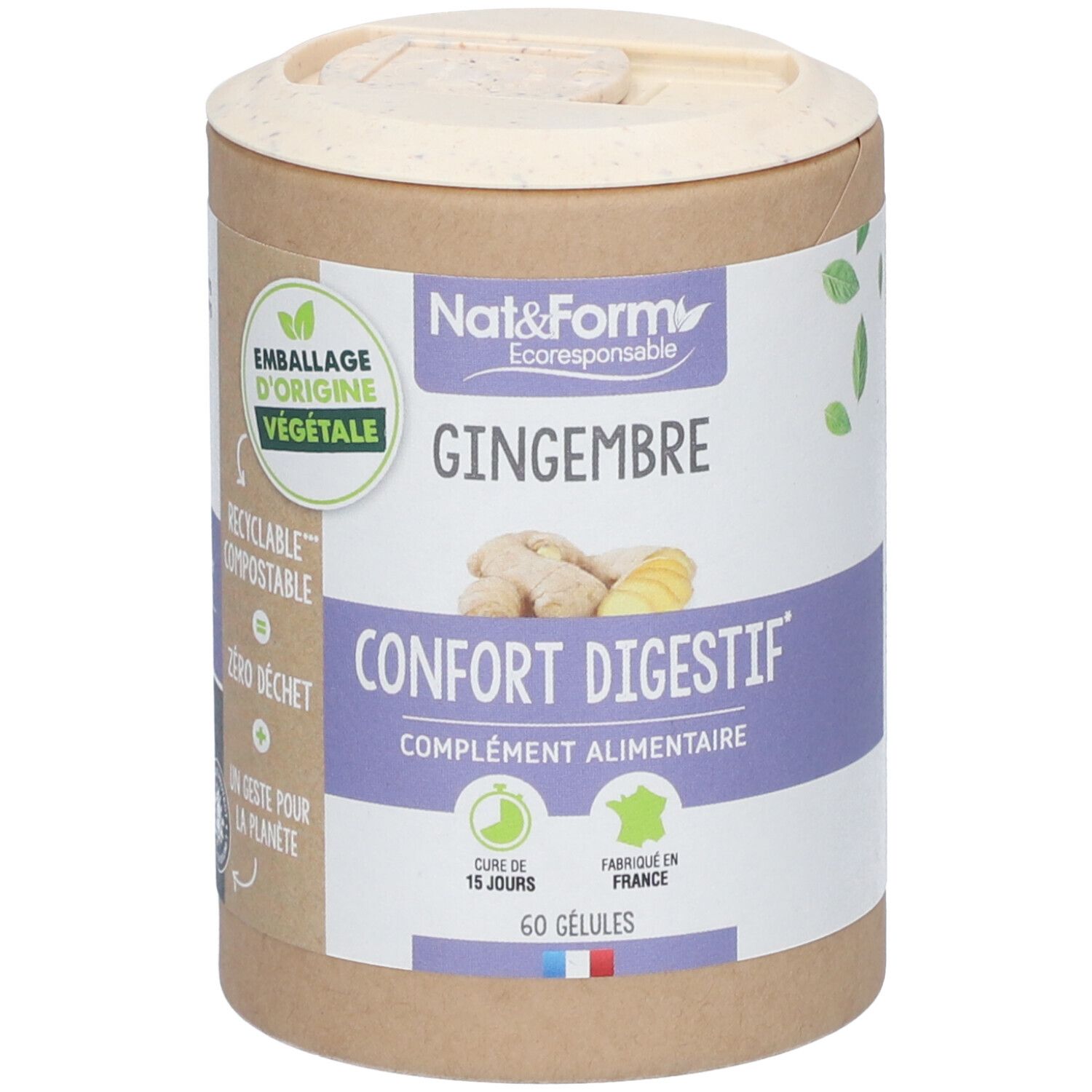 Boîte cylindrique avec couvercle. Inscription: Nat&Form Gingembre, Confort Digestif, 60 gélules. Label: Emballage d'origine végétale.