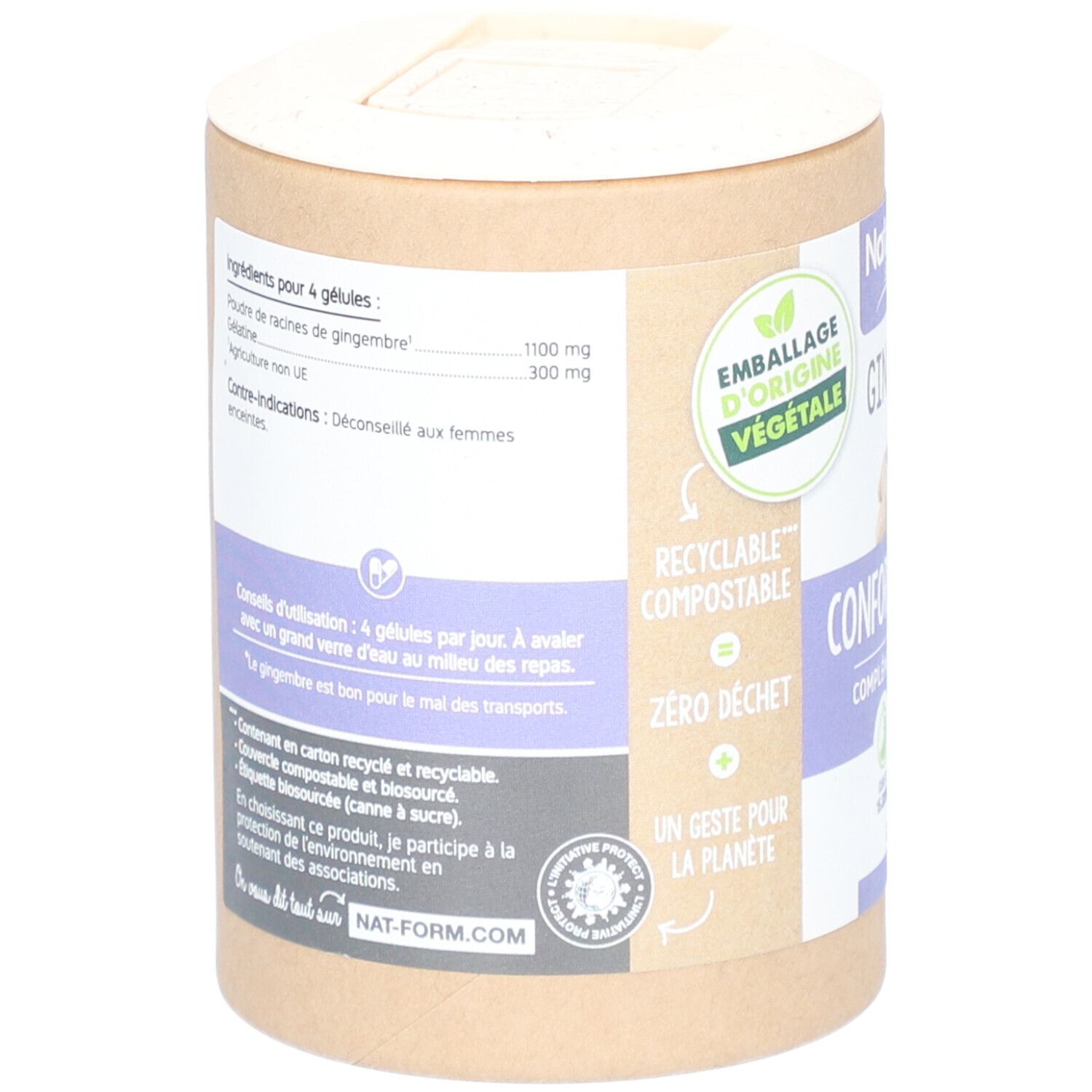 Dos de la boîte. Ingrédients, conseils d'utilisation et avertissements. Labels: Emballage d'origine végétale, Recyclable, compostable.