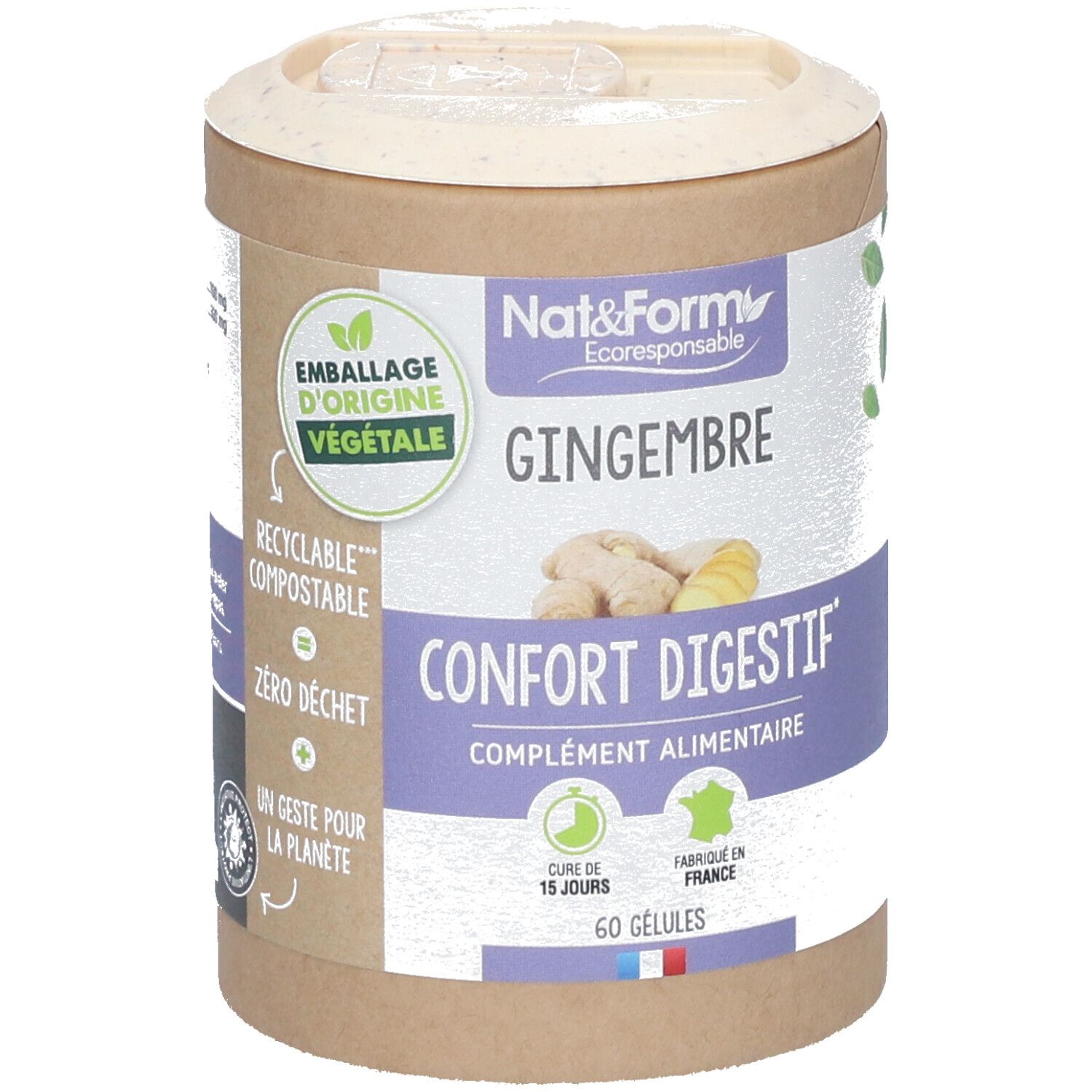 Boîte cylindrique avec couvercle. Inscription: Nat&Form Gingembre, Confort Digestif, 60 gélules. Label: Emballage d'origine végétale.