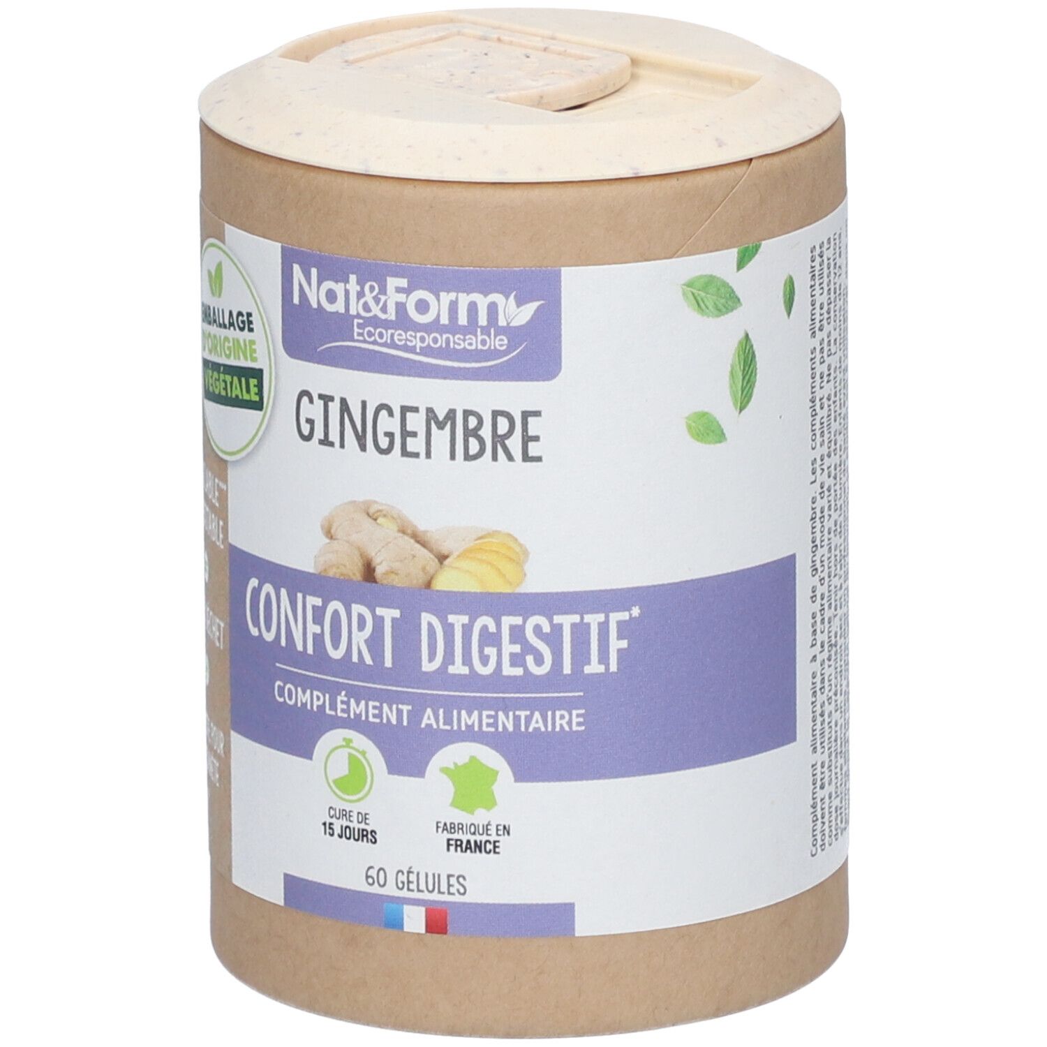 Boîte cylindrique avec couvercle. Inscription: Nat&Form Gingembre, Confort Digestif, 60 gélules. Label: Emballage d'origine végétale.