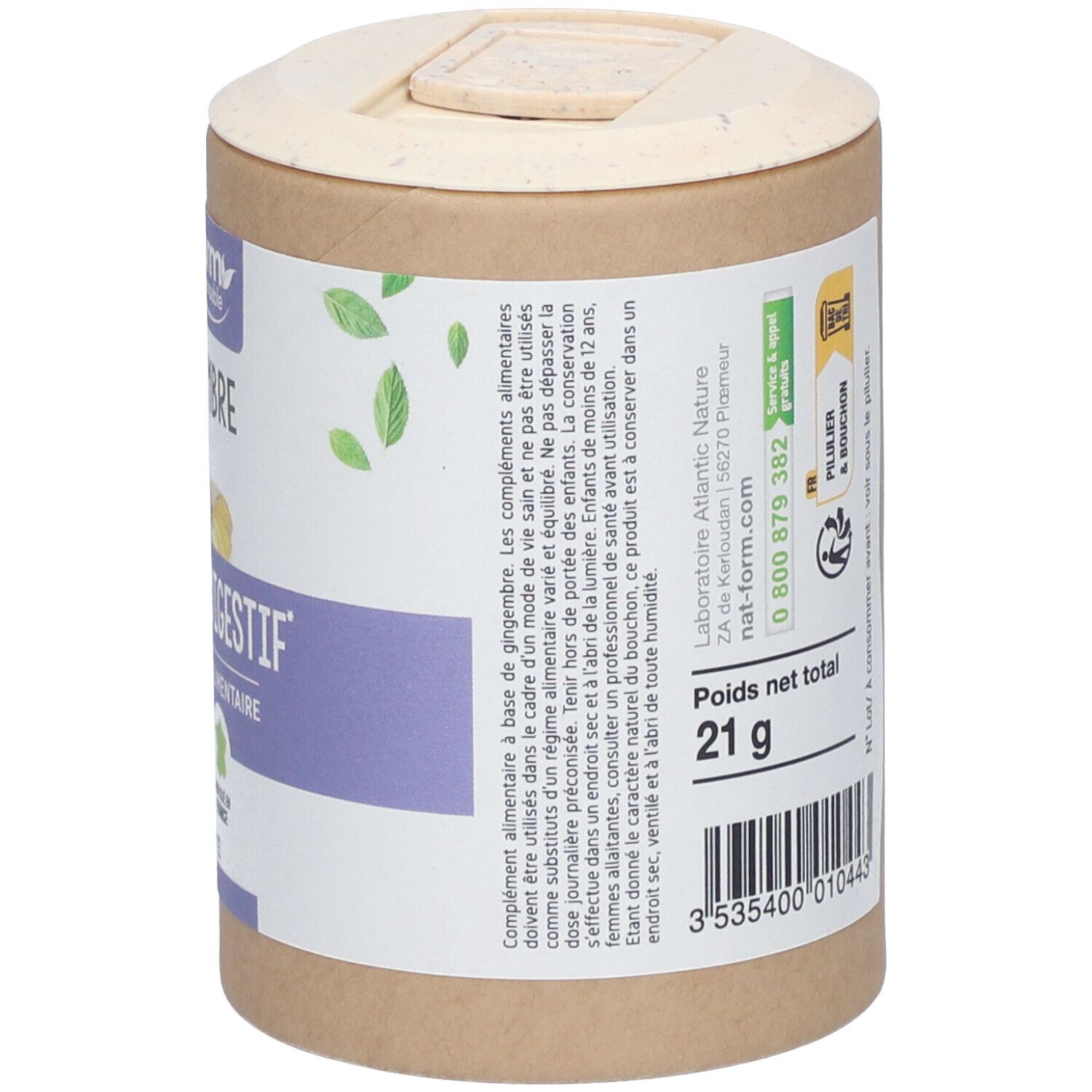 Vue latérale de la boîte. Poids, fabricant et code-barres. Label: Pilulier & bouchon.