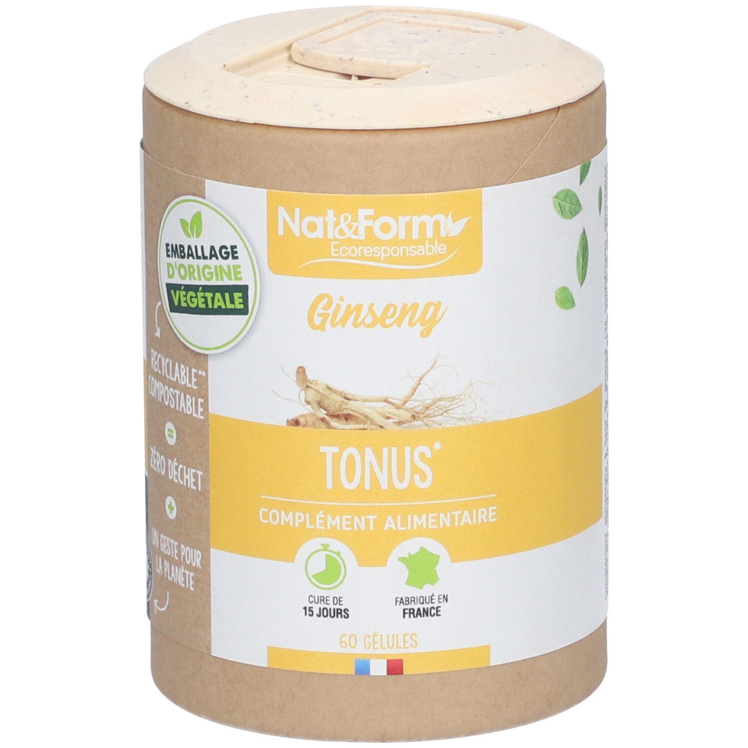Emballage cylindrique Nat&Form Ginseng. Contient 60 gélules. Inscription: Tonus, complément alimentaire. Emballage d'origine végétale.