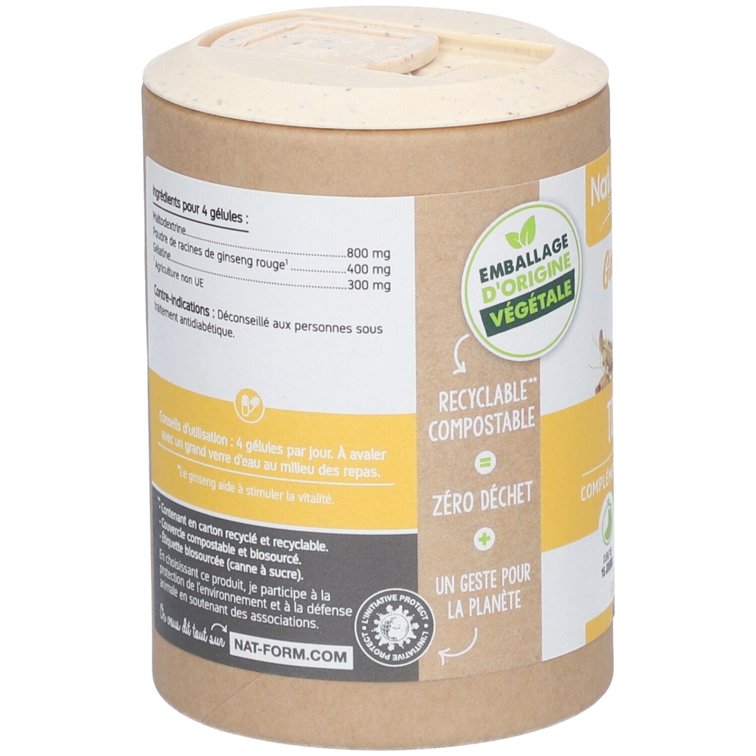Dos de l'emballage avec ingrédients et mode d'emploi. Contient 4 gélules par dose. Emballage recyclable et compostable.