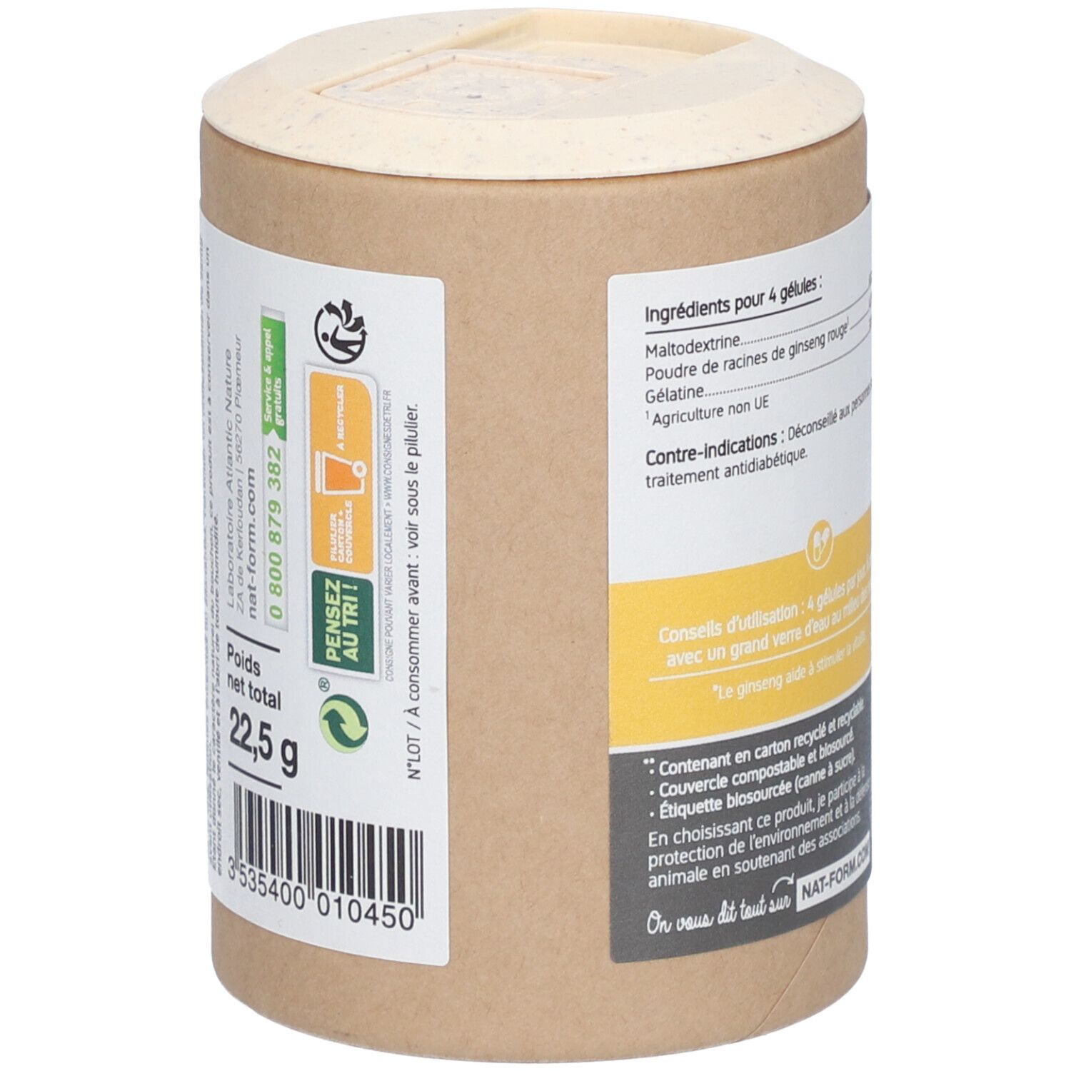 Emballage avec ingrédients et informations nutritionnelles. Poids net 22,5 g. Contient maltodextrine, poudre de racine de ginseng et gélatine.