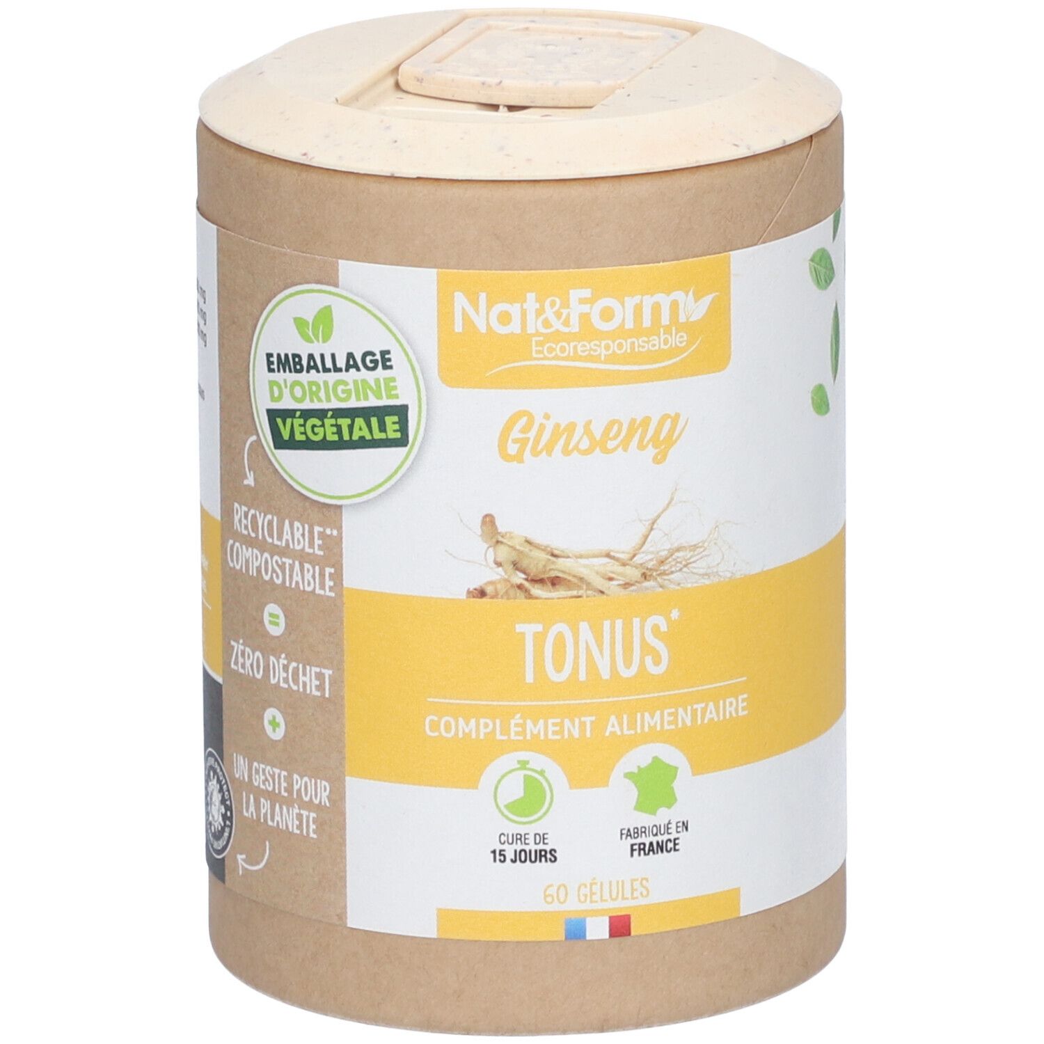 Emballage cylindrique Nat&Form Ginseng. Contient 60 gélules. Inscription: Tonus, complément alimentaire. Emballage d'origine végétale.
