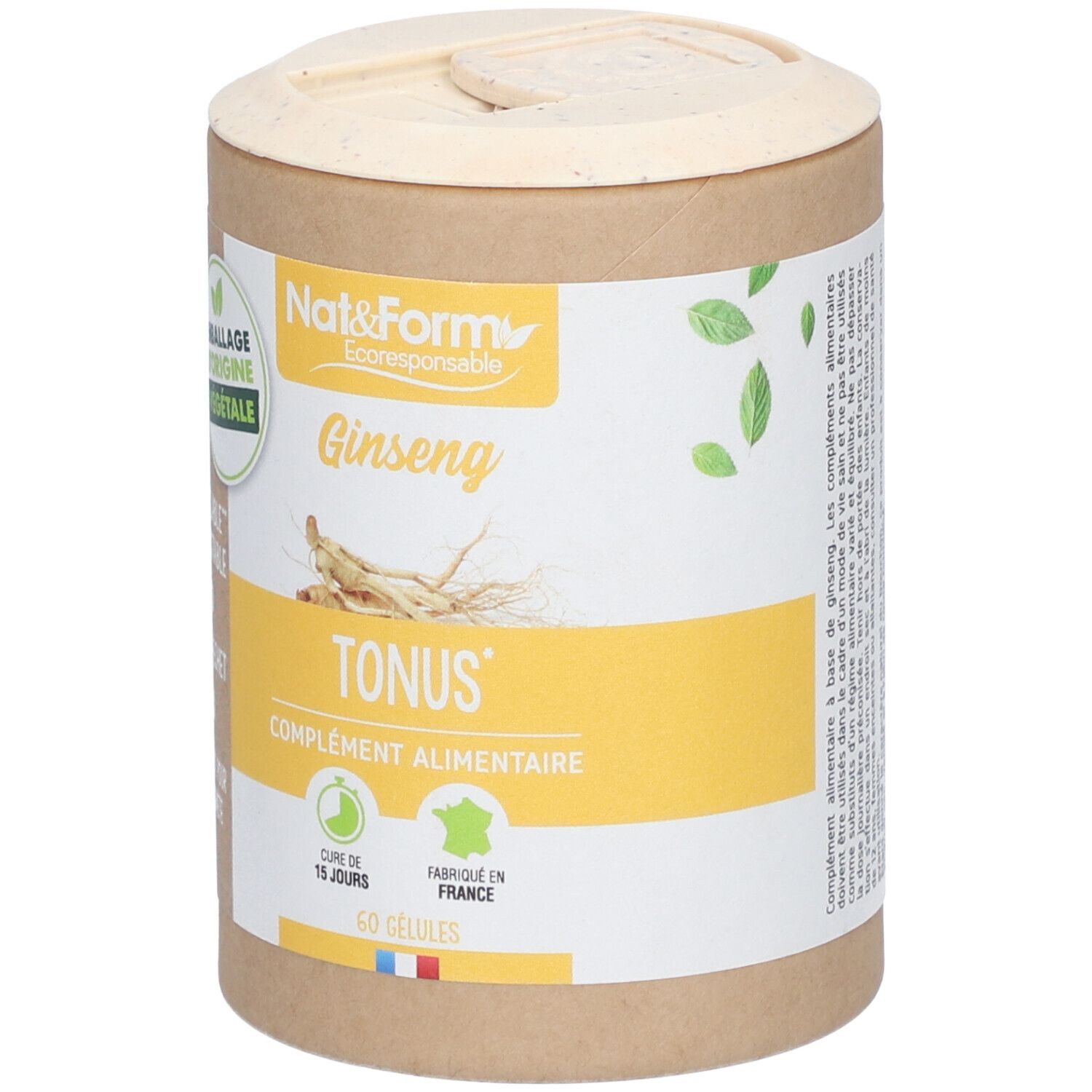 Emballage cylindrique Nat&Form Ginseng. Contient 60 gélules. Inscription: Tonus, complément alimentaire. Emballage d'origine végétale.