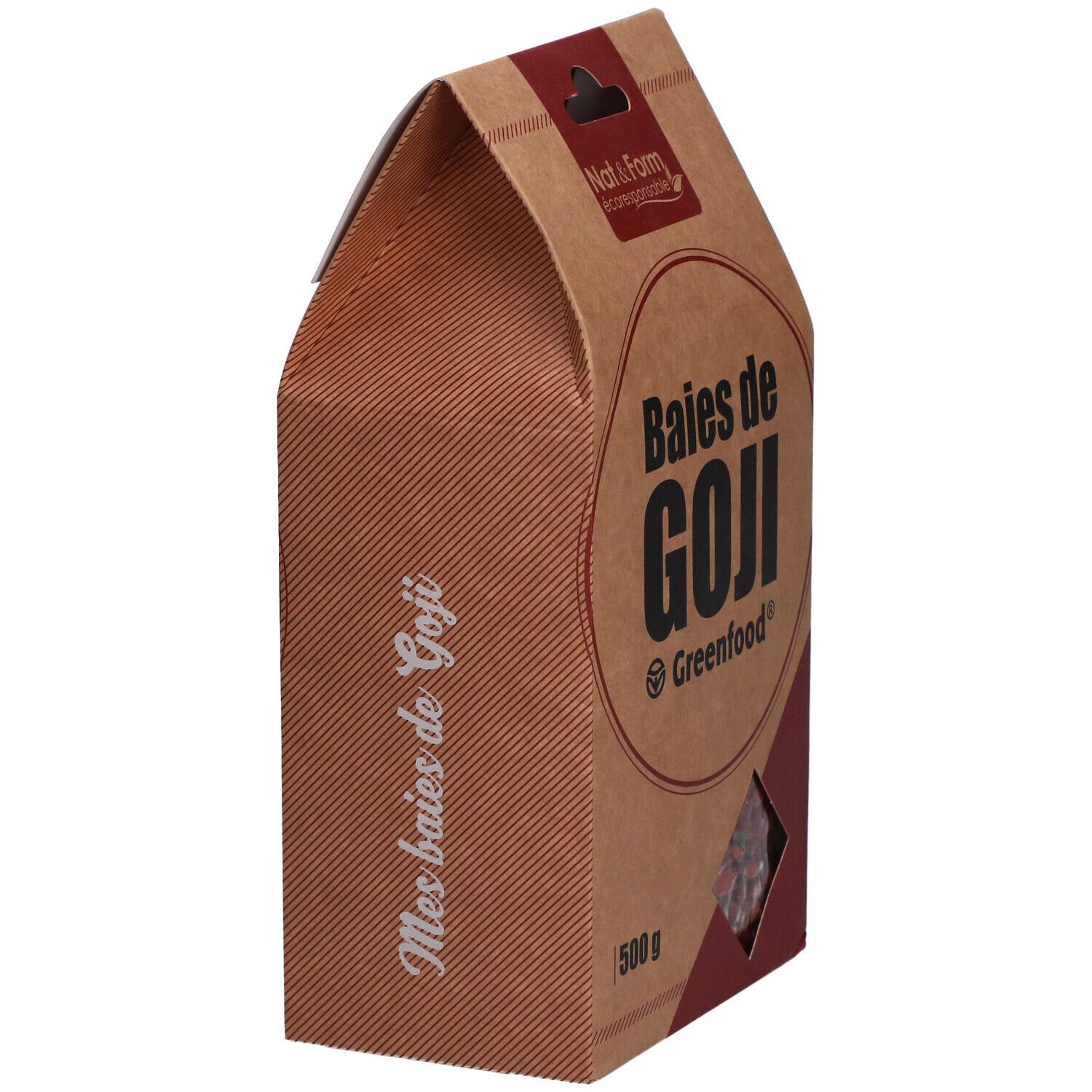 Emballage en papier brun avec accent rouge. Inscription : Baies de Goji, Greenfood. Fenêtre avec baies de goji séchées. 500 g.