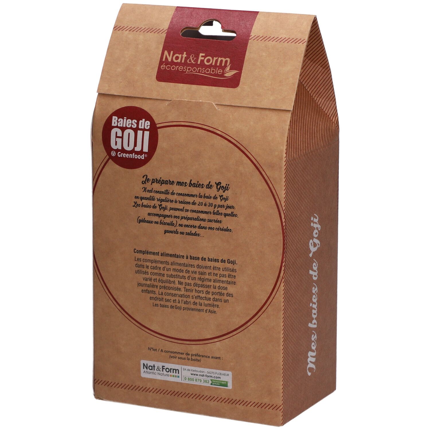Emballage en papier brun avec accent rouge. Inscription : Baies de Goji, Greenfood. Dos avec texte. 500 g.