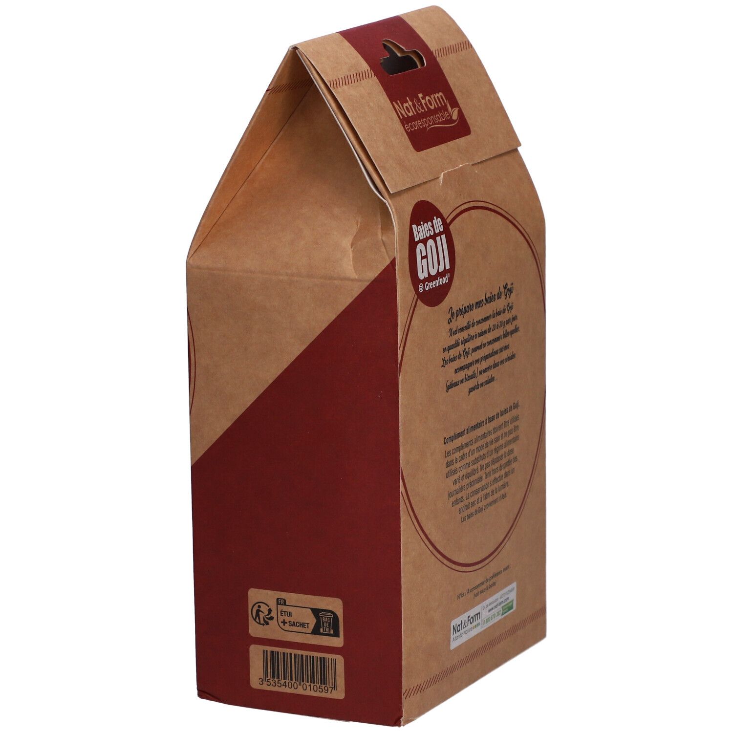Emballage en papier brun avec accent rouge. Inscription : Baies de Goji, Greenfood. Dos avec texte. 500 g.