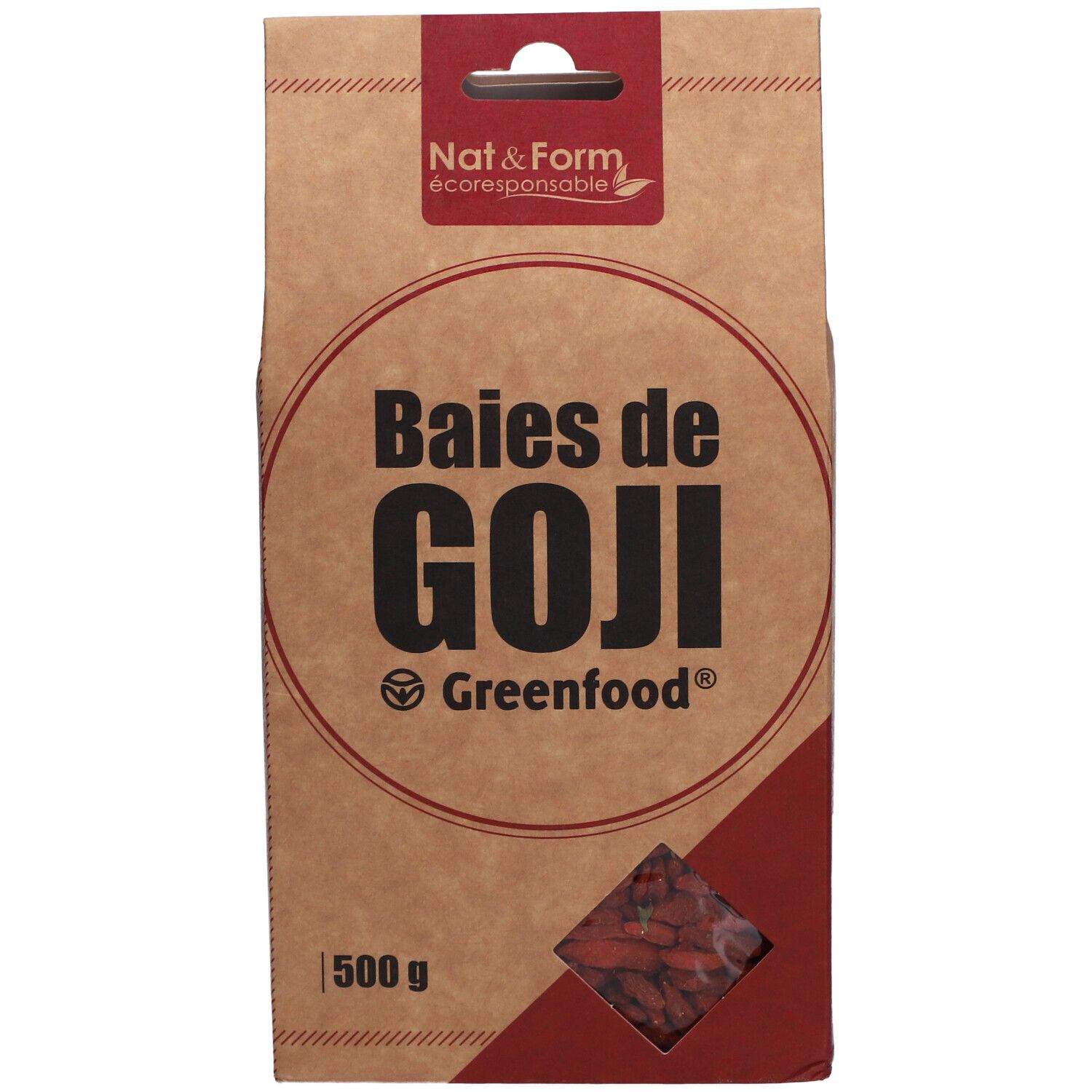 Emballage en papier brun avec accent rouge. Inscription : Baies de Goji, Greenfood. Fenêtre avec baies de goji séchées. 500 g.