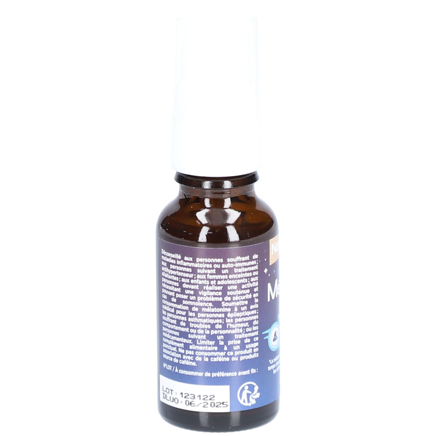 Dos du flacon en verre brun avec texte. MélaZen Flash, 20 ml. Marque Nat&Form.
