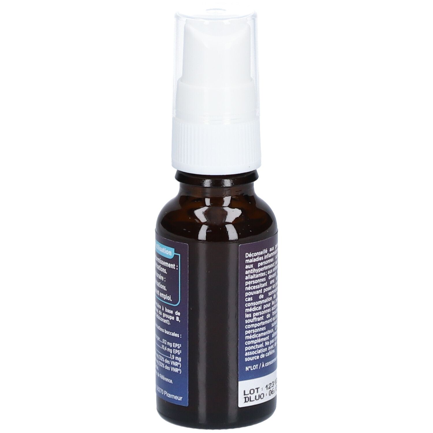 Flacon en verre brun avec vaporisateur blanc. Texte sur le flacon. MélaZen Flash, 20 ml. Marque Nat&Form.