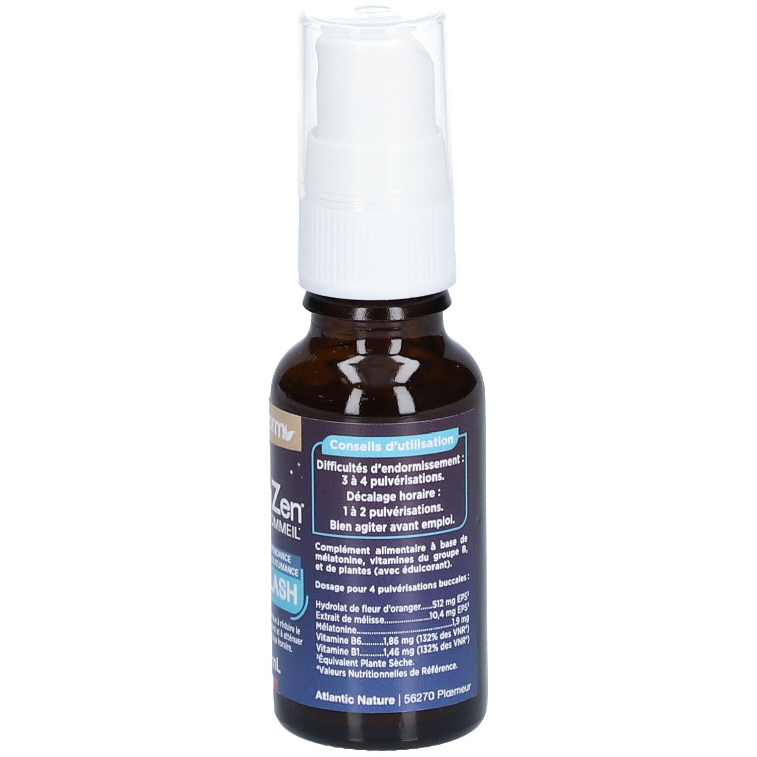 Flacon en verre brun avec vaporisateur blanc. Texte et conseils d'utilisation. MélaZen Flash, 20 ml. Nat&Form.