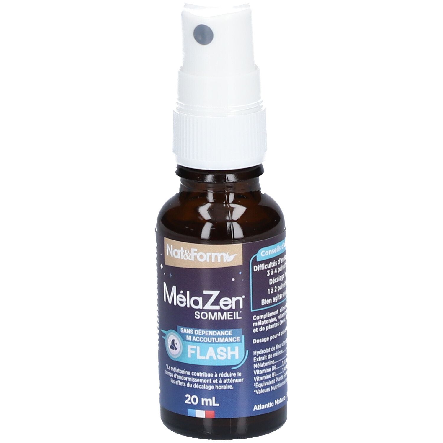 Flacon en verre brun avec vaporisateur blanc. MélaZen Flash, 20 ml. Marque Nat&Form.