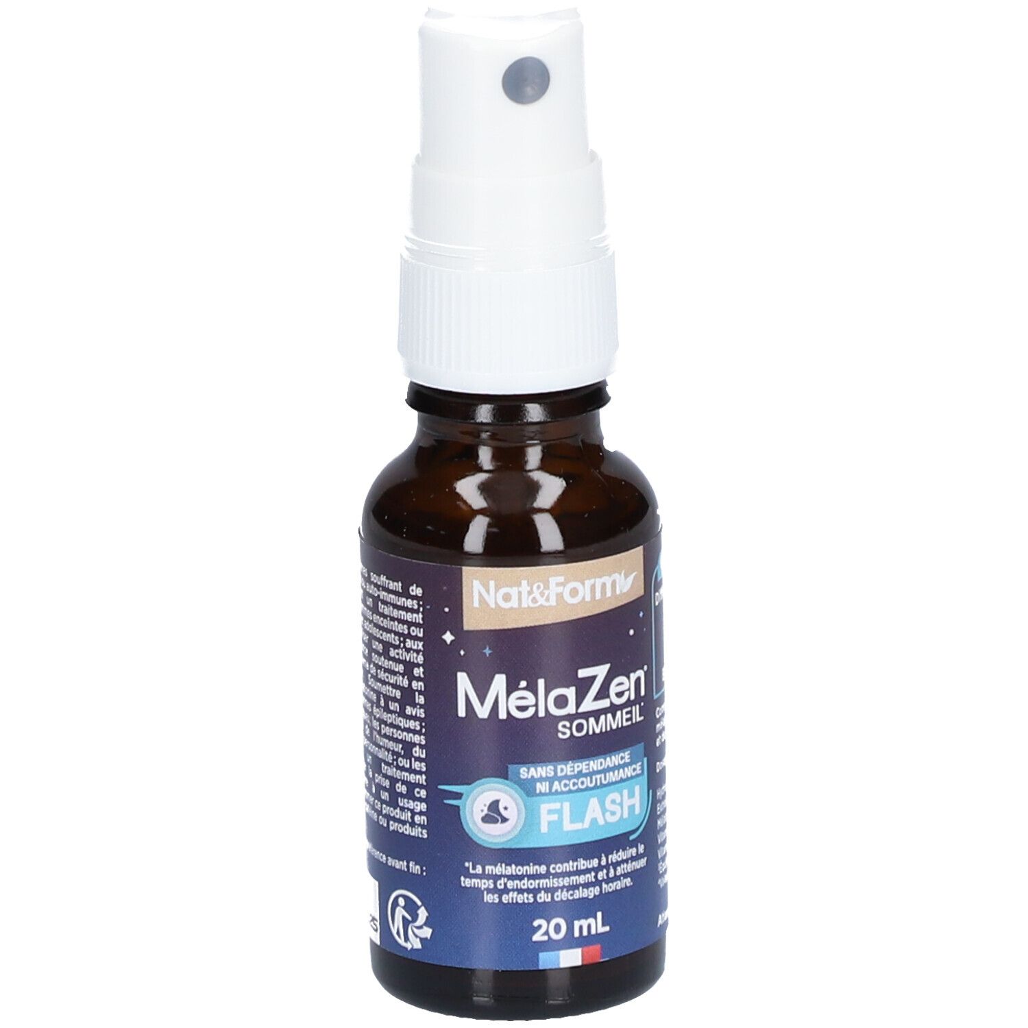 Flacon en verre brun avec vaporisateur blanc. MélaZen Flash, 20 ml. Marque Nat&Form.