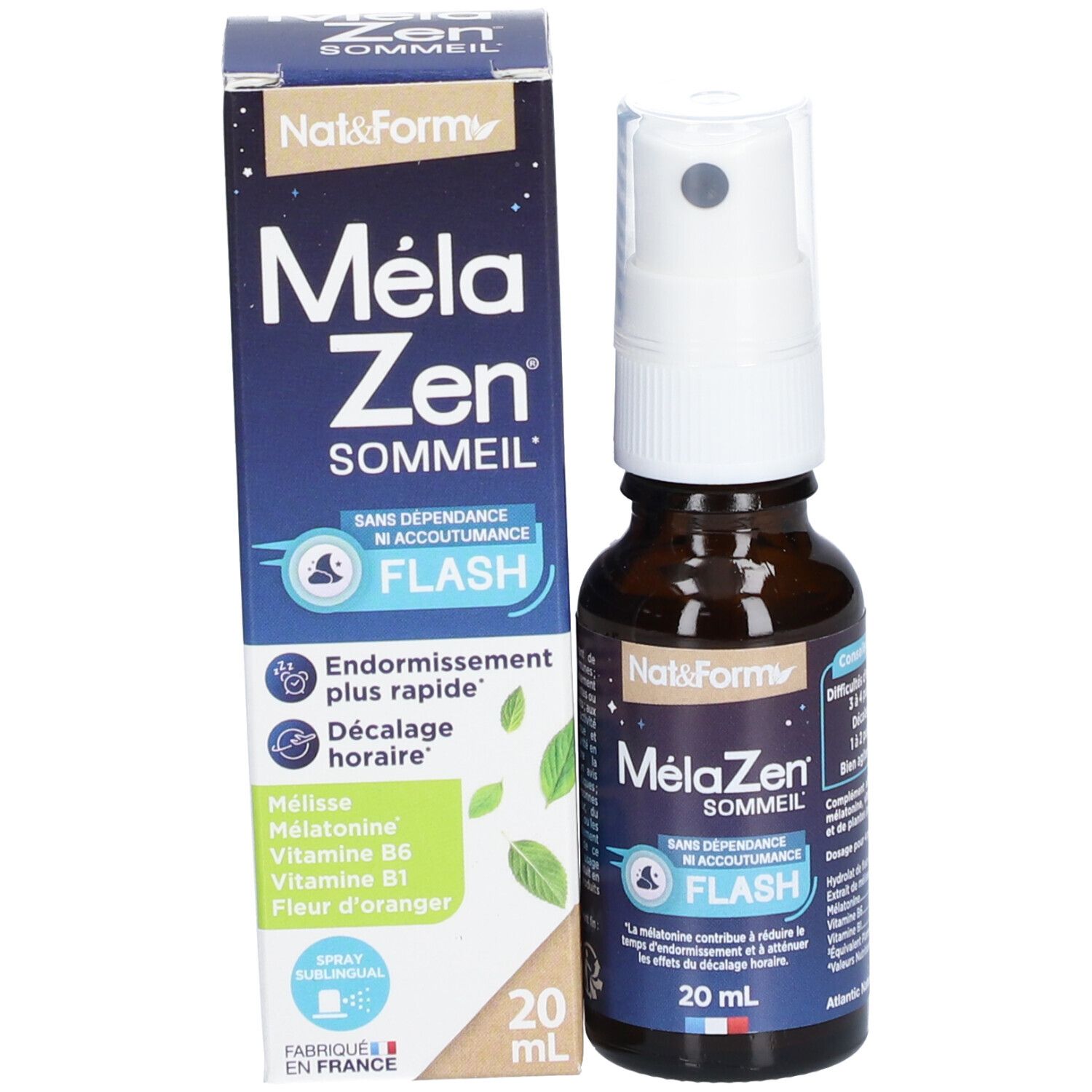 Produit et emballage. Flacon brun avec vaporisateur blanc et boîte. MélaZen Flash, 20 ml. Nat&Form.