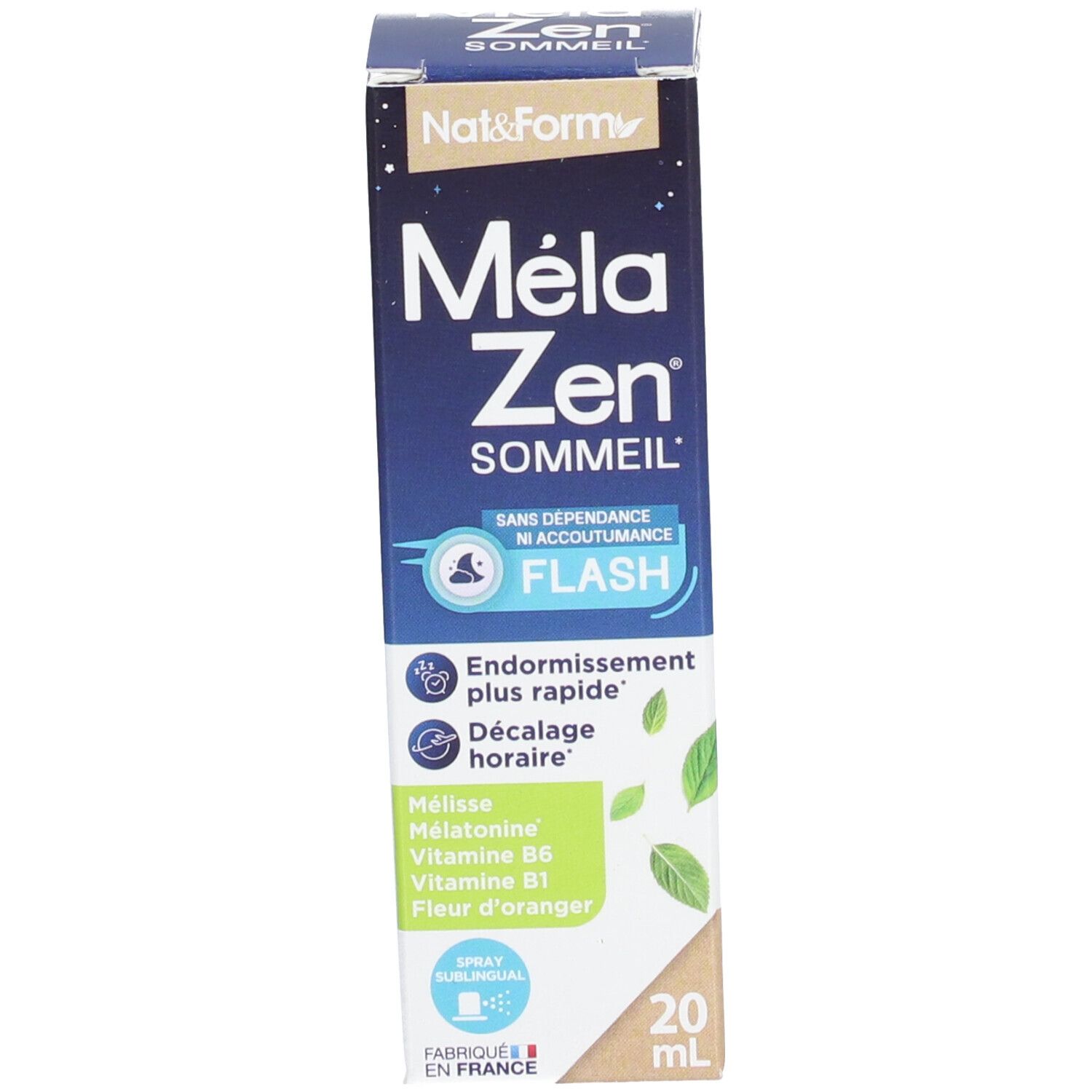 Produit et emballage. Flacon brun avec vaporisateur blanc et boîte. MélaZen Flash, 20 ml. Nat&Form.