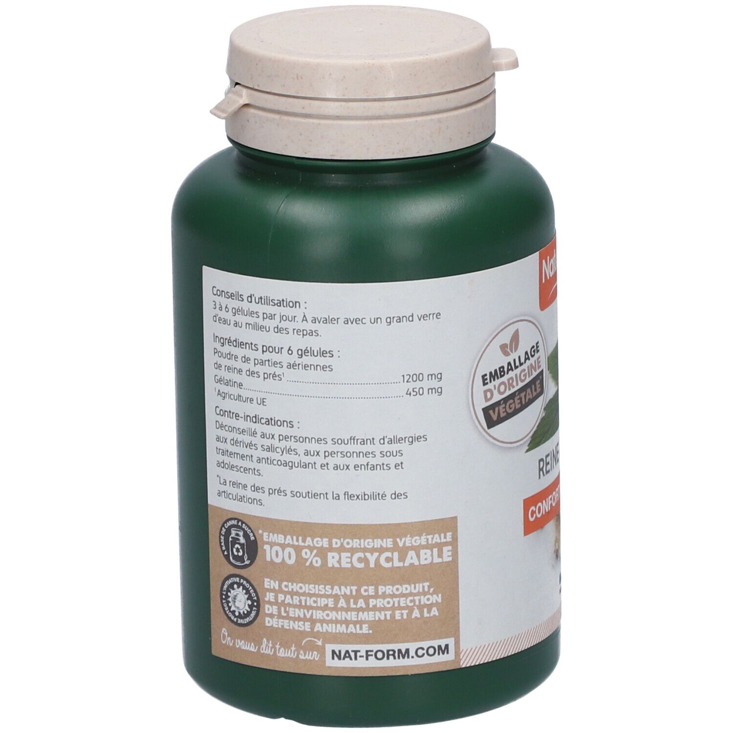 Rückseite einer grünen Flasche mit weißem Deckel. Etikett mit Inhaltsstoffen, Gebrauchsanweisung und Recycling-Logo.
