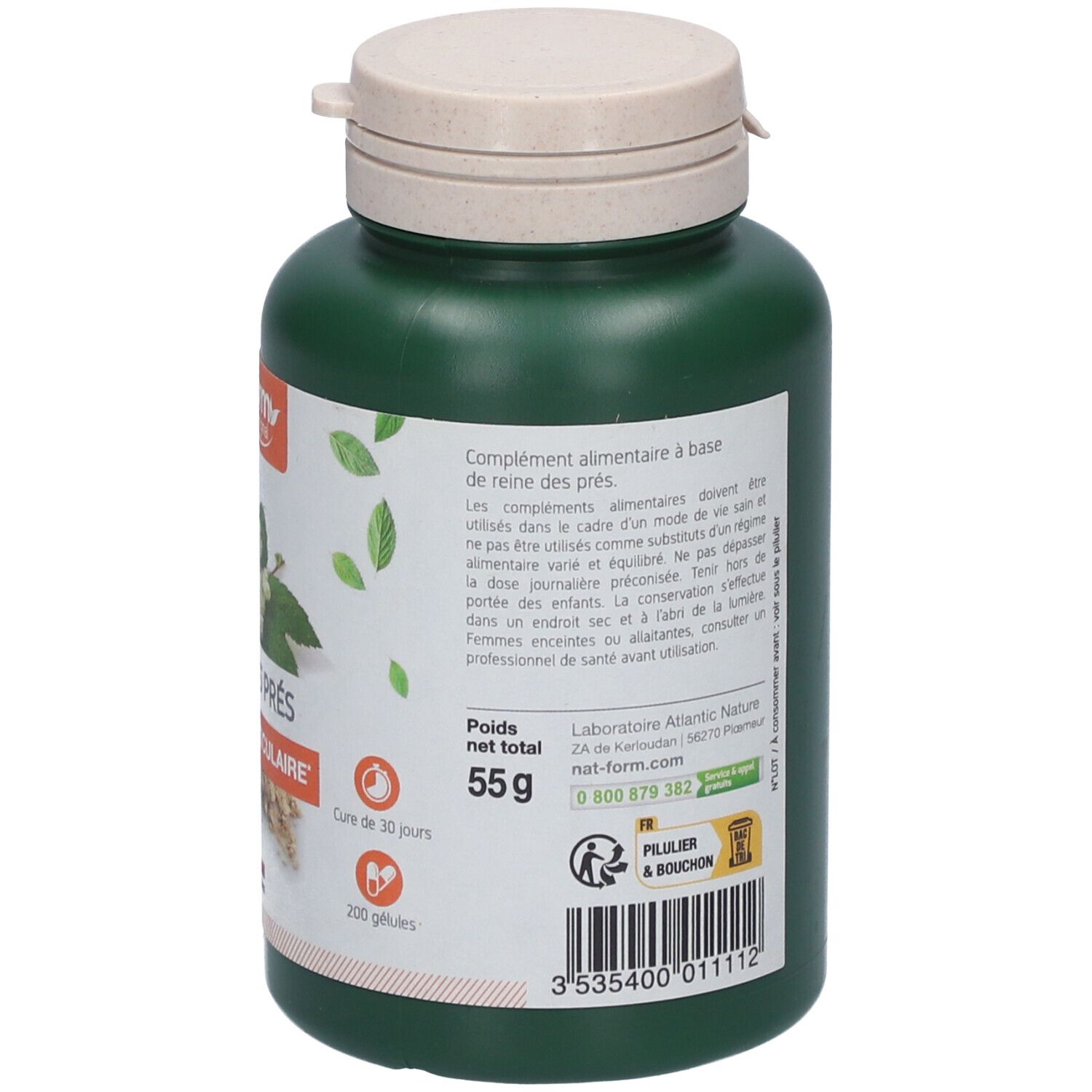 Rückseite einer grünen Flasche mit weißem Deckel. Etikett mit Produktinformationen und Logos. 200 Kapseln.