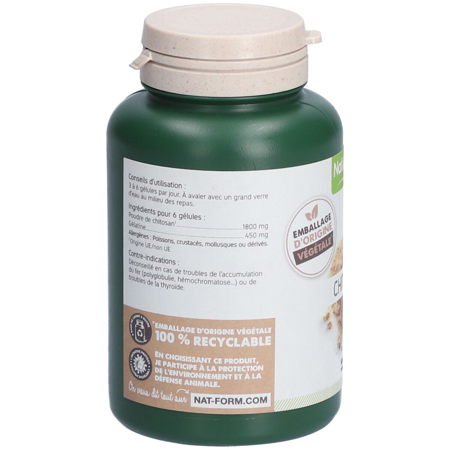 Rückseite einer grünen Flasche mit Chitosan. Text: Inhaltsstoffe, Gebrauchsanweisung, Emballage d'origine végétale, 100% recycelbar.
