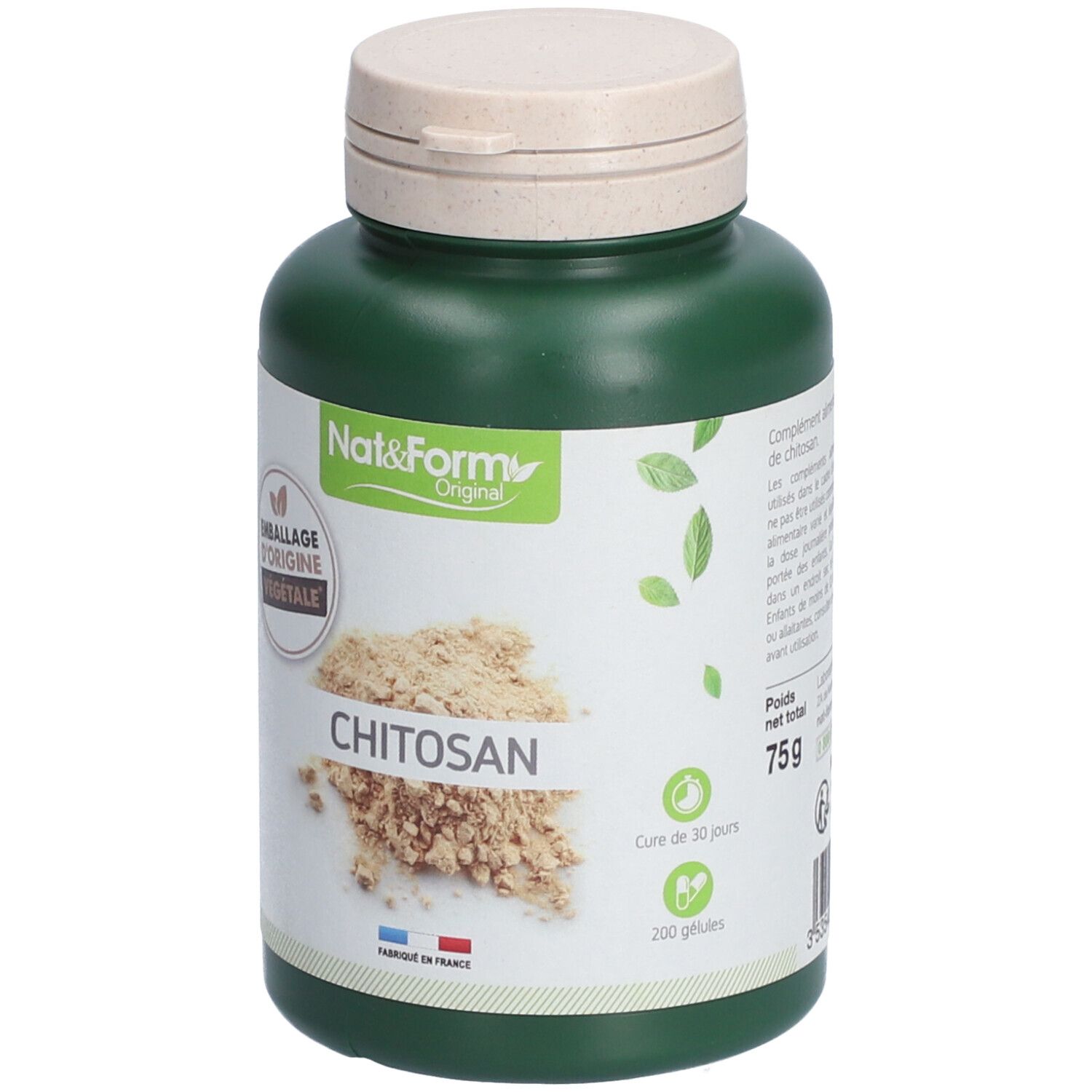 Grüne Flasche mit Chitosan. Aufschrift: Nat&Form, Chitosan, 200 Gelules, 75g. Mit Deckel. Emballage d'origine végétale.