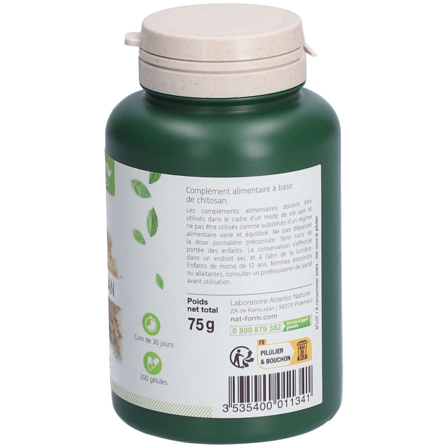 Rückseite einer grünen Flasche mit Chitosan. Text: 200 Gelules, 75g, Laboratoire Atlantic Nature. Mit Deckel. Pillier & Bouchon.