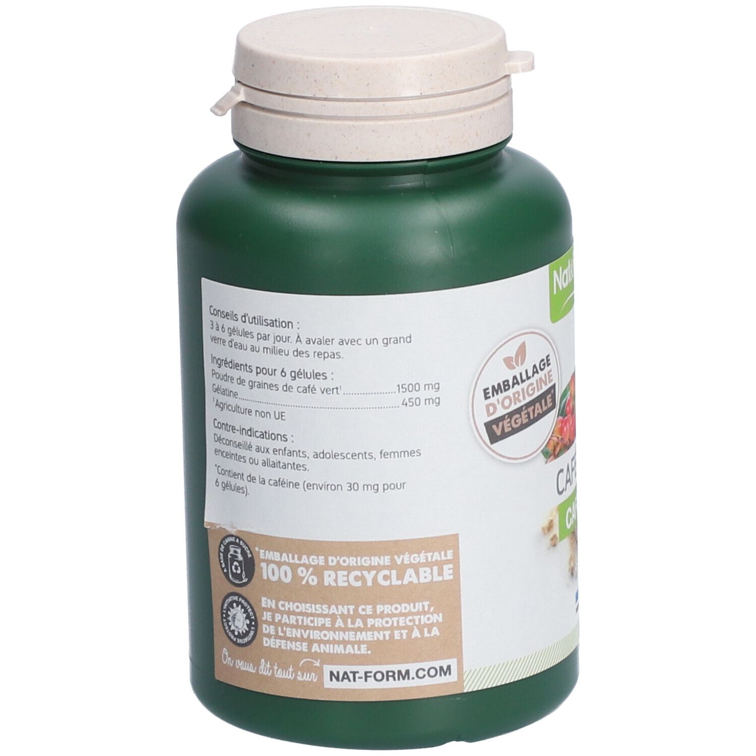 Dos d'un flacon vert avec bouchon blanc. Texte: 'Emballage d'origine végétale 100% recyclable'. Informations d'utilisation et ingrédients.