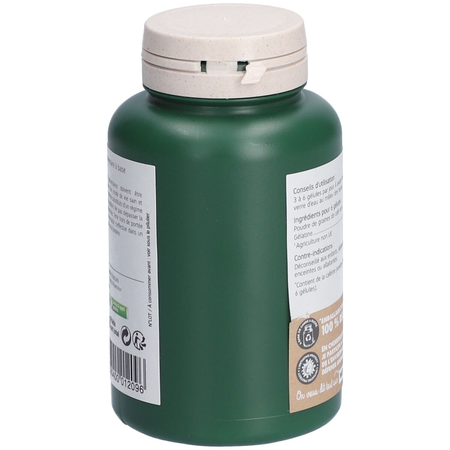 Flacon vert avec bouchon blanc. Étiquette avec informations et code-barres. Certification 'Emballage d'origine végétale'.