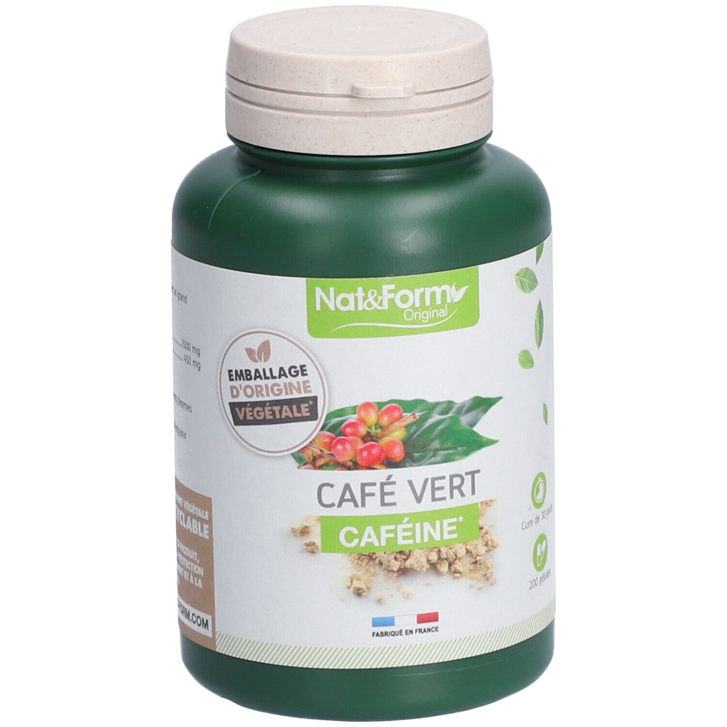 Flacon vert avec bouchon blanc. Inscription: CAFÉ VERT CAFÉINE. Marque: Nat&Form. Certification 'Emballage d'origine végétale'.