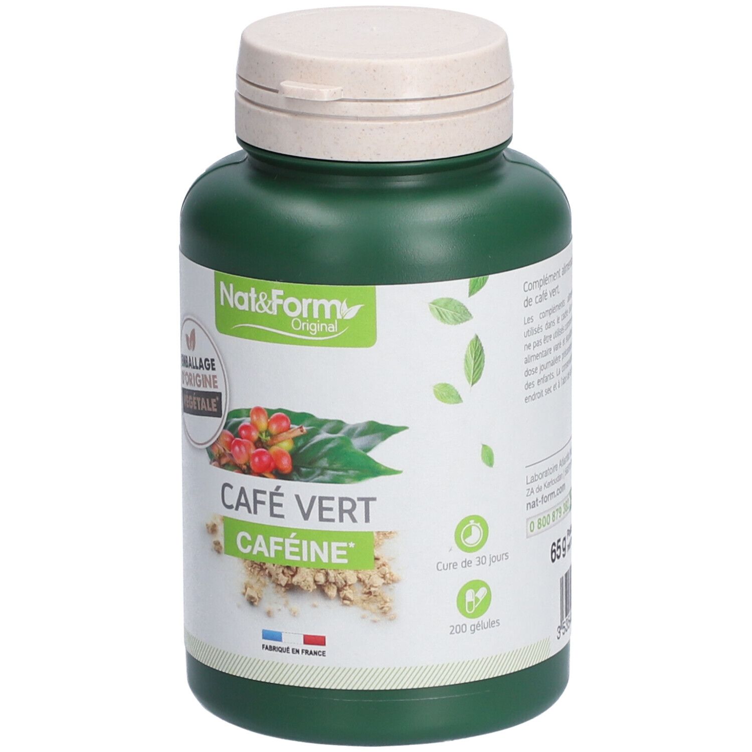 Flacon vert avec bouchon blanc. Inscription: CAFÉ VERT CAFÉINE. Marque: Nat&Form. Certification 'Emballage d'origine végétale'.